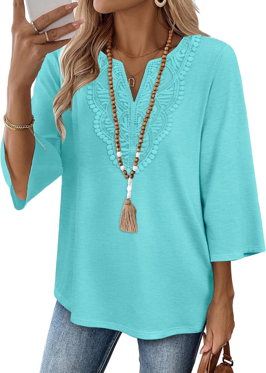 WIHOLL 3/4 Length Sleeve Womens Tops Boho V Neck Lace Shirt Trendy Blouses Dressy Casual Vacation Clothes S-3XL
