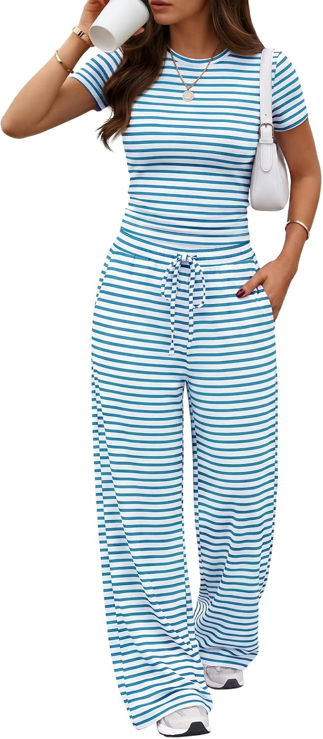 Trendy Queen Women's 2 Piece Matching Summer Lounge Set with Pockets | Vacation Airport Travel Outfits, Workout Gym Clothing Comfy Athleisure Clothes, Side-ruched Top, Drawstring Wide Leg Pants