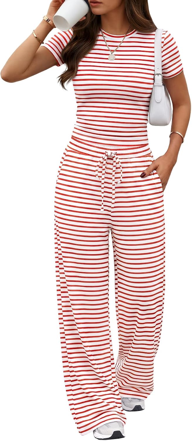 Trendy Queen Women's 2 Piece Matching Summer Lounge Set with Pockets | Vacation Airport Travel Outfits, Workout Gym Clothing Comfy Athleisure Clothes, Side-ruched Top, Drawstring Wide Leg Pants
