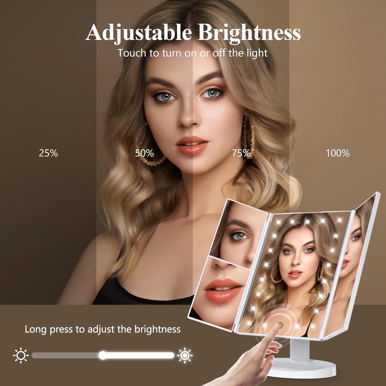 HUONUL 2X/3X/10X Magnifying Vanity Mirror with Light, Trifold Makeup Mirror | Touch Dimming, Dual Power, Clear View for Makeup, Skincare. Dorm Room Essentials. Birthday Gifts for Women, Mom, Wife, Girls