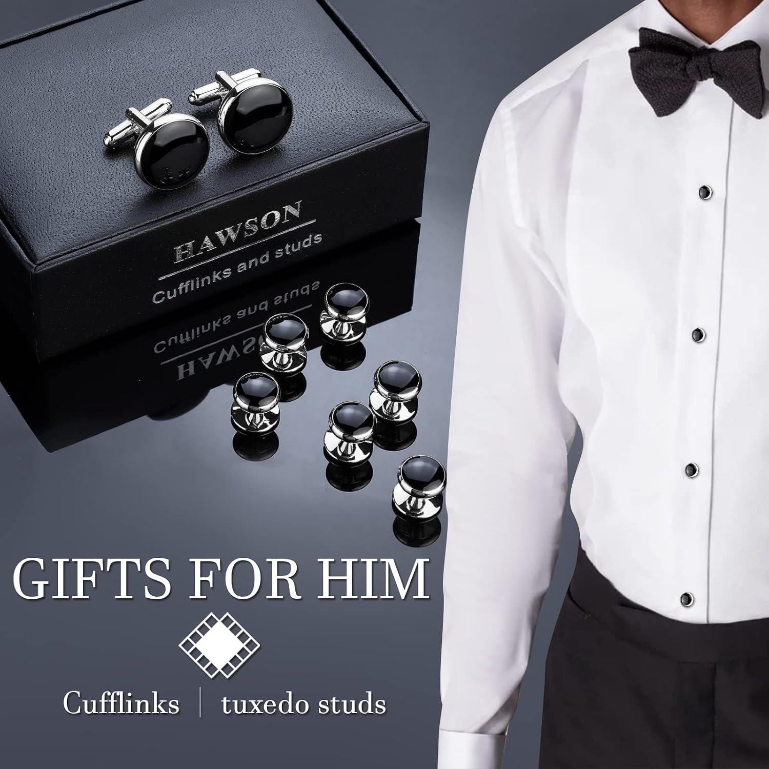 HAWSON Men’s Cufflinks and Tuxedo Studs Set with Gift Box; Men’s Jewelry or Accessories Suitable for Black Suit White Shirts Vest and Red Bow tie on Wedding or Anniversary and Birthday