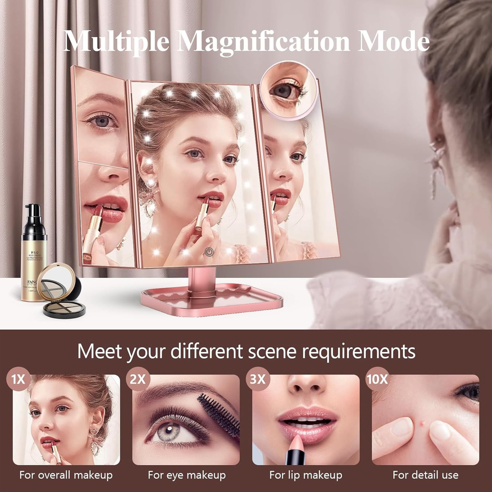HUONUL 2X/3X/10X Magnifying Vanity Mirror with Light, Trifold Makeup Mirror | Touch Dimming, Dual Power, Clear View for Makeup, Skincare. Dorm Room Essentials. Birthday Gifts for Women, Mom, Wife, Girls