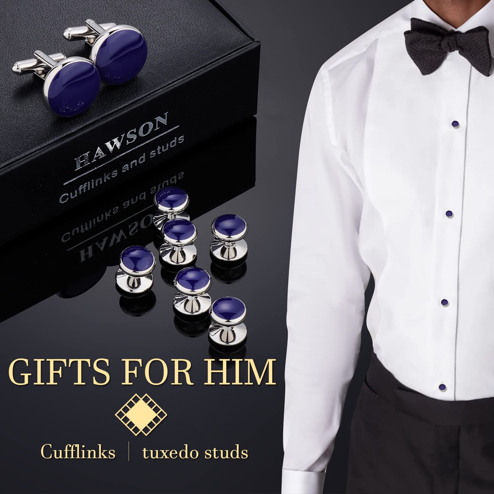 HAWSON Men’s Cufflinks and Tuxedo Studs Set with Gift Box; Men’s Jewelry or Accessories Suitable for Black Suit White Shirts Vest and Red Bow tie on Wedding or Anniversary and Birthday