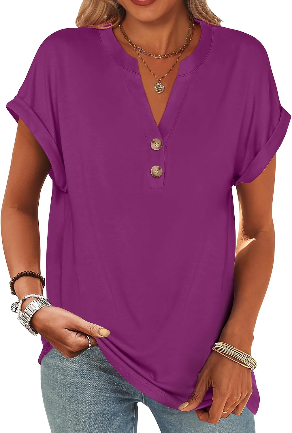 ANRABESS Womens Short Sleeve Henley Tops V Neck Dressy Casual Blouses Summer Trendy Tee Shirts 2026 Vacation Fashion Clothes
