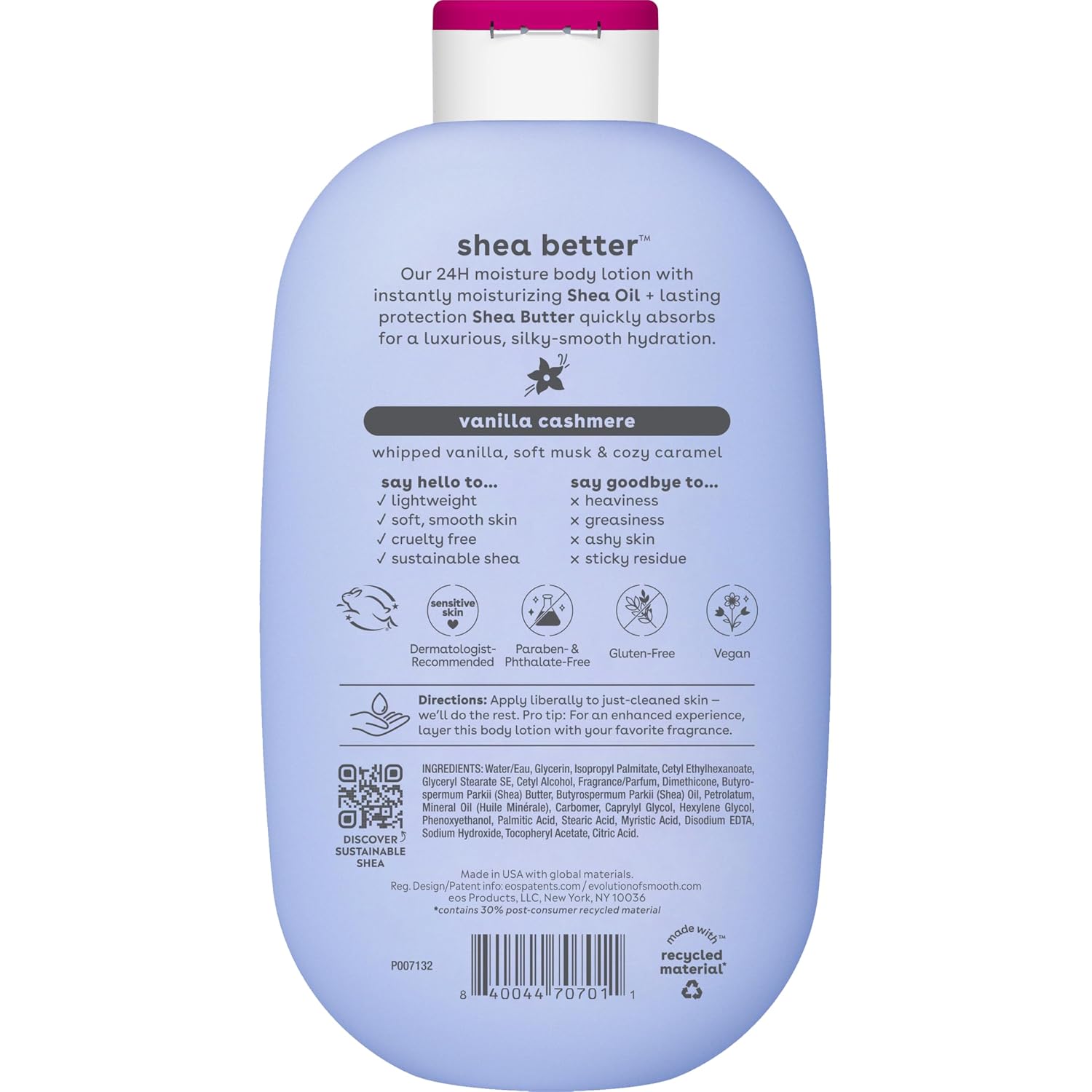 eos Shea Better Body Lotion Vanilla Cashmere, 24-Hour Moisture Skin Care, Lightweight & Non-Greasy, Natural Shea, Vegan, Vanilla Body Lotion, 16 fl oz