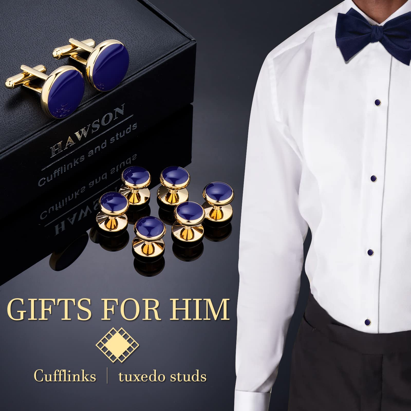 HAWSON Men’s Cufflinks and Tuxedo Studs Set with Gift Box; Men’s Jewelry or Accessories Suitable for Black Suit White Shirts Vest and Red Bow tie on Wedding or Anniversary and Birthday