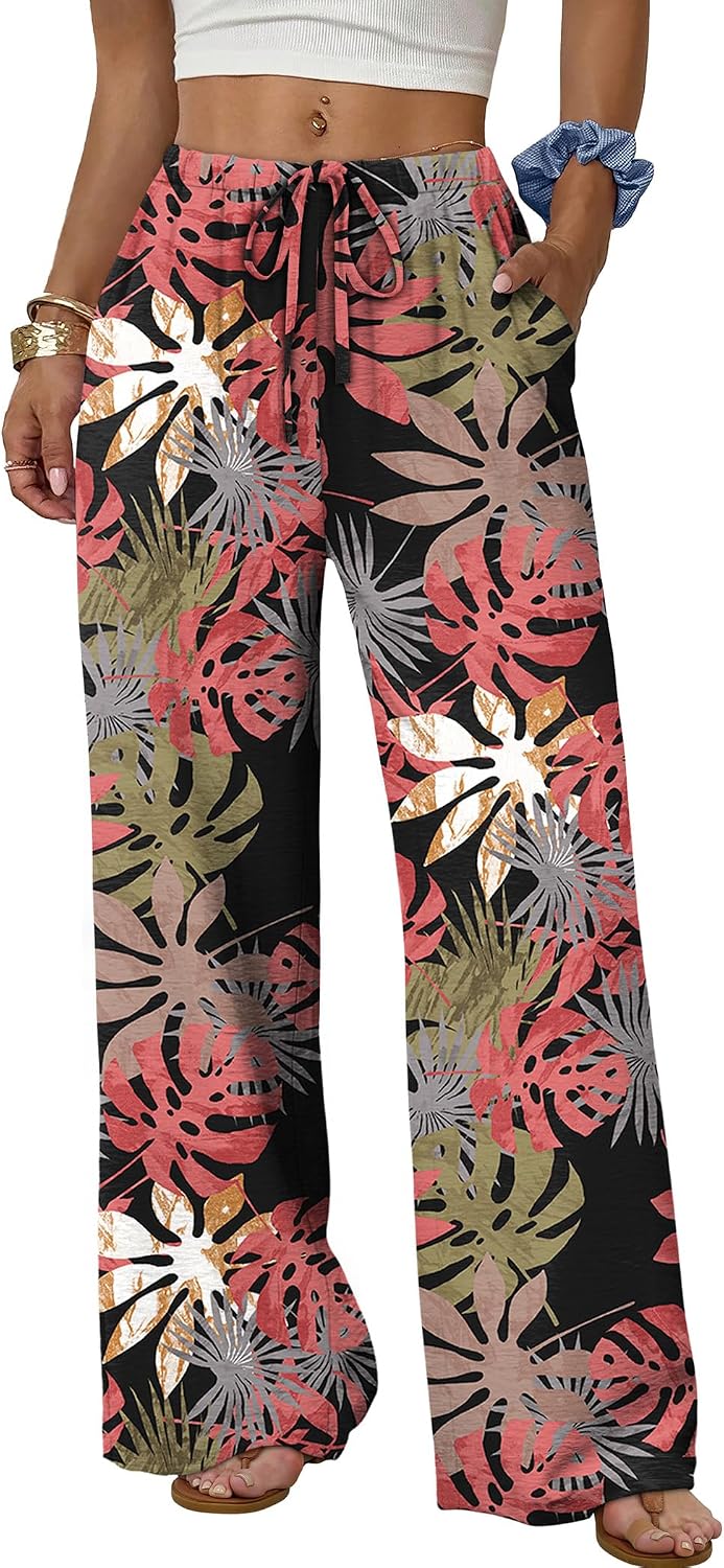 Sampeel Wide Leg Pants for Women Flowy Palazzo Drawstring Elastic Waist Trousers with Pockets Summer Beach Vacation Clothes