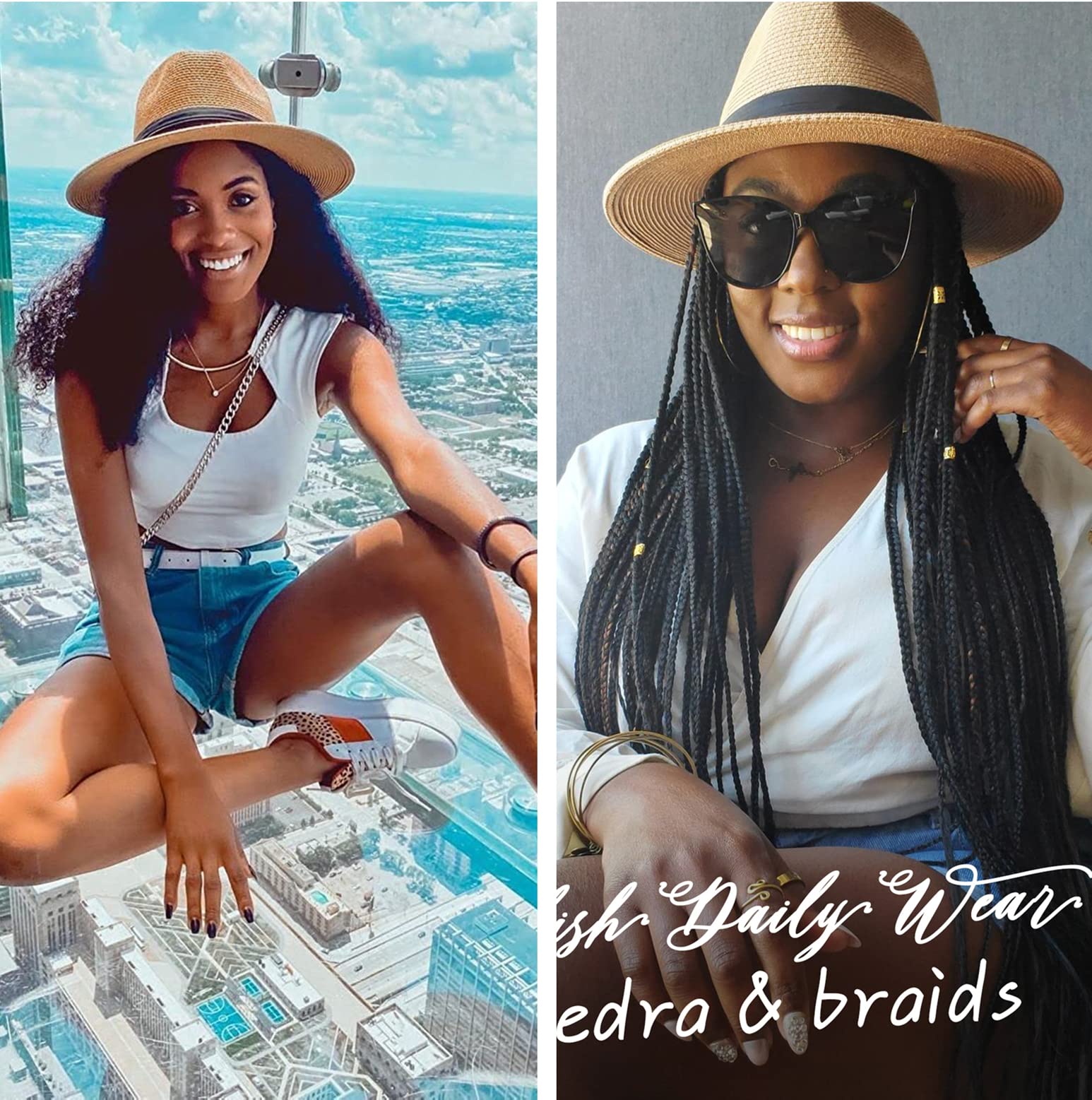 FURTALK Womens Mens Wide Brim Straw Panama Hat Fedora Summer Beach Sun Hat | Breathable Paper Straw, Classic Ribbon Trim, UPF Protection, Adjustable Band Inside, Chin Strap for Gusty Winds