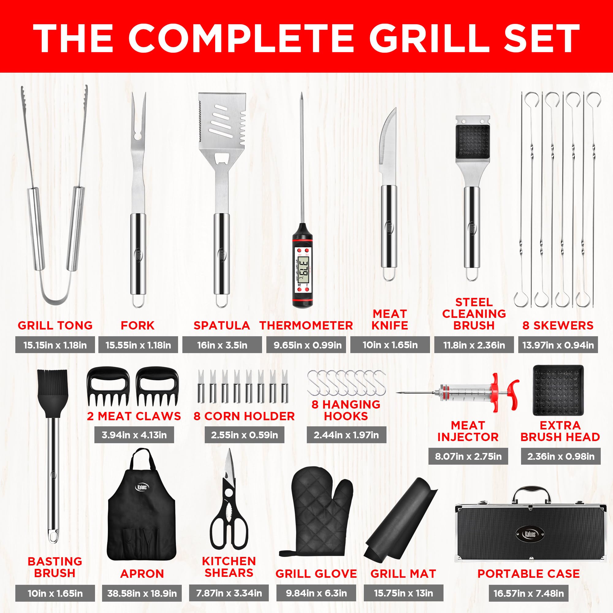 Kaluns Grilling Accessories, Gifts for Men Christmas Grilling Gifts for Dad, Heavy Duty Stainless Steel BBQ Grill Tools Set for Outdoor Grill with Aluminum Case and Apron, Birthday Gifts for Men Dad