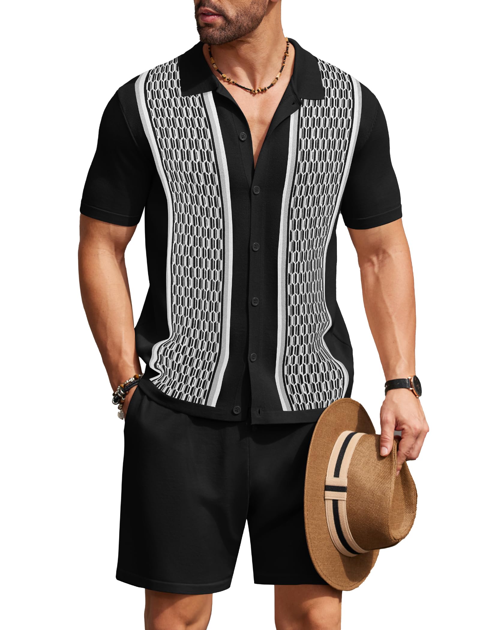 COOFANDY Men's 2 Piece Outfit Vintage Short Sleeve Button Down Knit Polo Shirts Casual Beach Shorts Sets