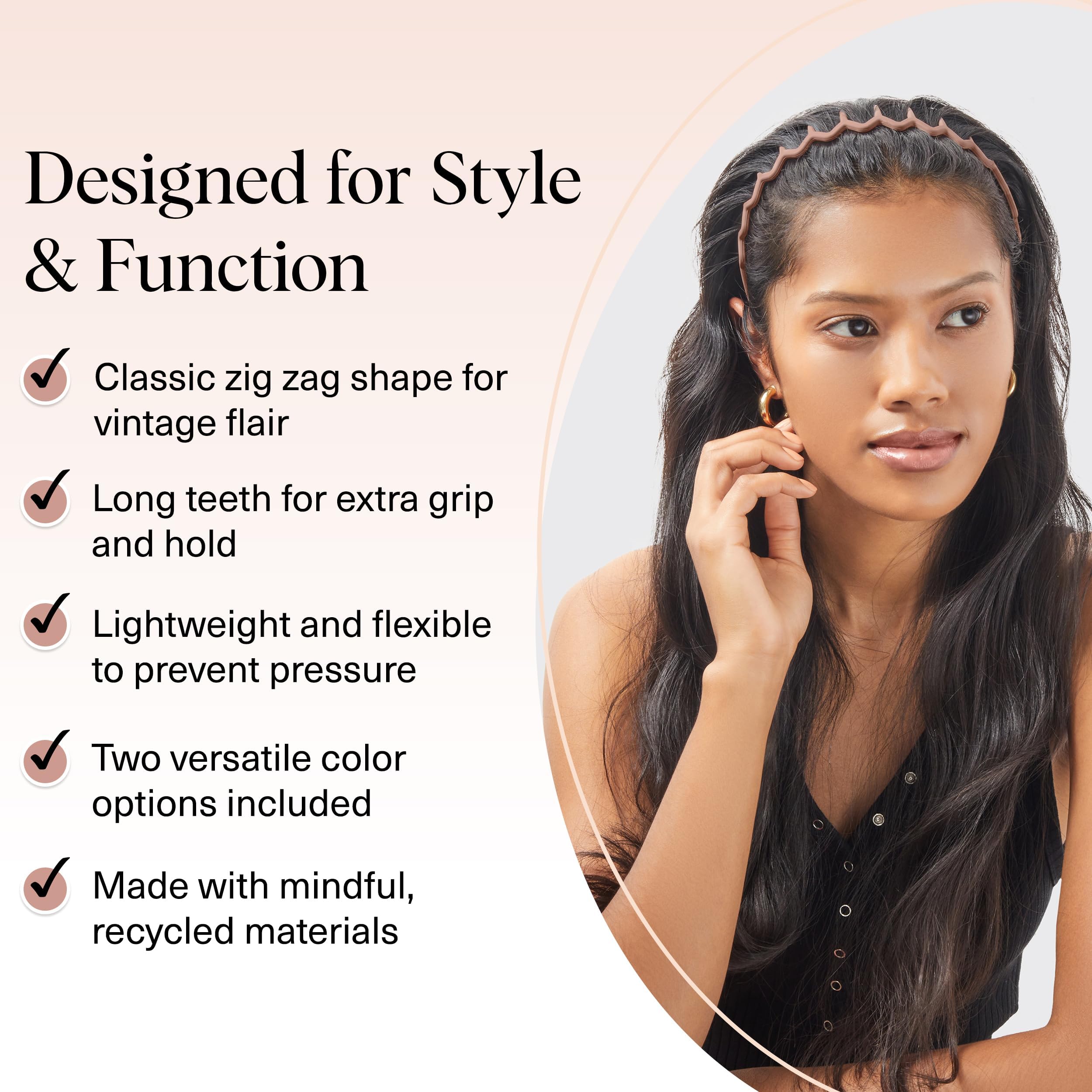 Kitsch Zig Zag Headbands for Women - Black and Tortoise, 2 pcs | Fashion Accessories for Slicked Back Styles | Comfortable Wavy Headbands | Comb Headband with Teeth