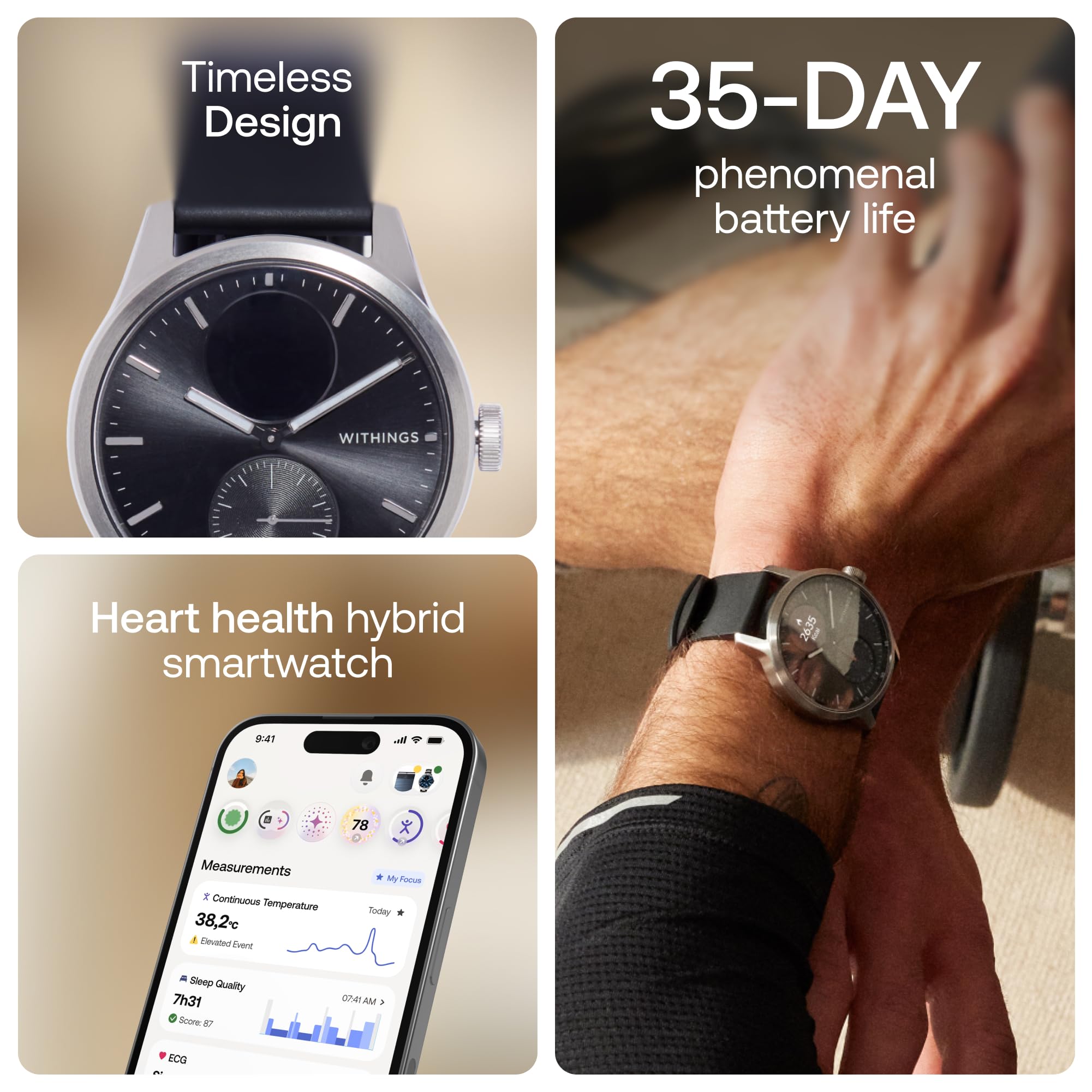 WITHINGS ScanWatch 2 - Hybrid Smart Watch, Heart Rate Monitoring, Fitness Tracker, Cycle Tracker, Sleep Monitoring, GPS Tracker, 30-Day Battery Life, Android & Apple Compatible, HSA/FSA
