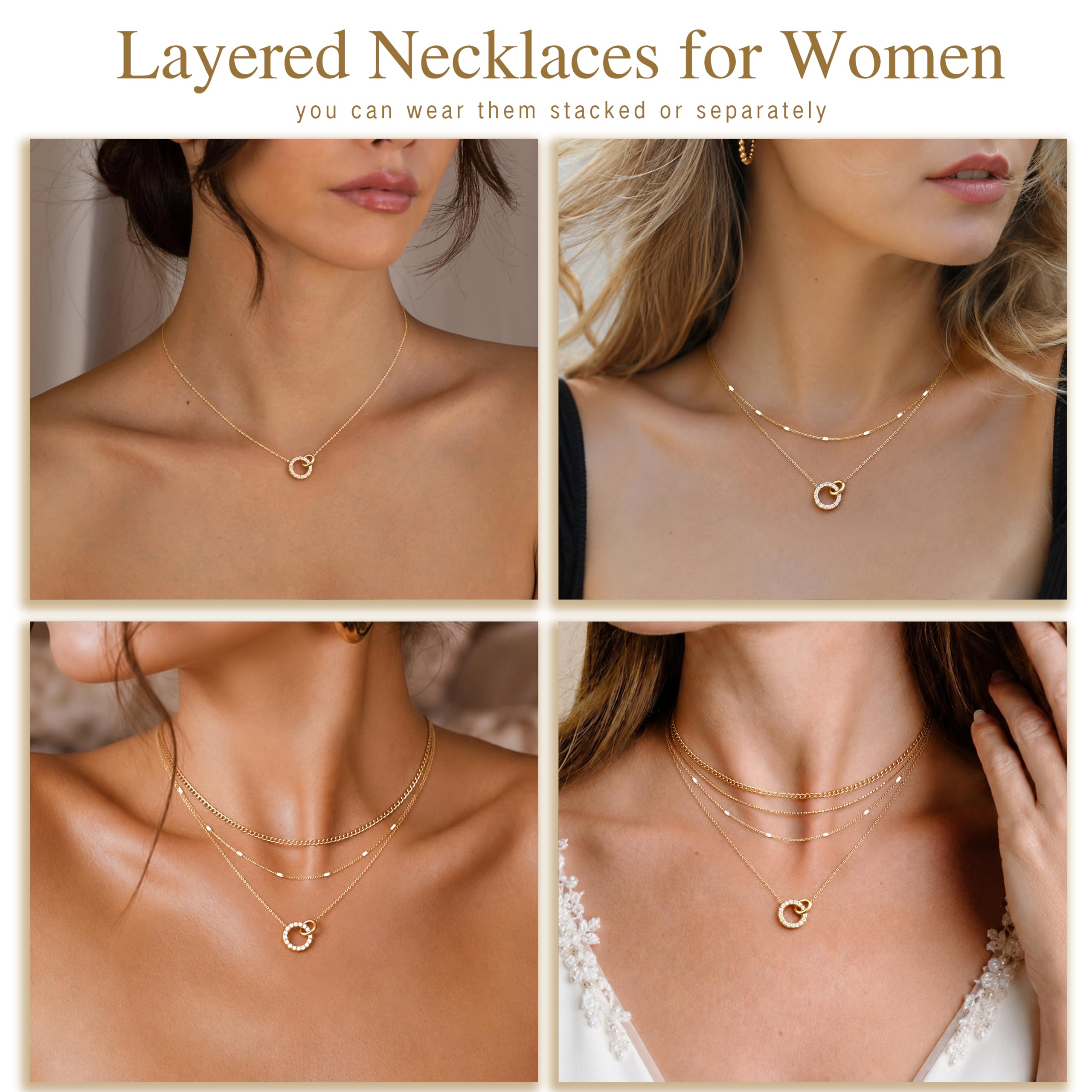 WomenGifts Layered Gold Necklaces for Women, 14K Gold Sterling Silver Plated Dainty Pendant Necklace Set Non Tarnish, Chunky Stackable Cuban Chain Choker, Trendy Birthstone Vacation Jewelry Gift