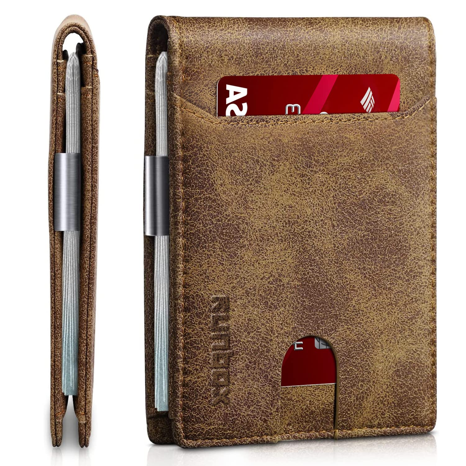 RUNBOX Slim Wallet for Men - RFID Blocking Leather Bifold with Money Clip | Minimalist Front Pocket Wallet Holds 11 Cards,Slim Thin Design,RFID Blocking Protection, Practical Birthday Gifts for Men