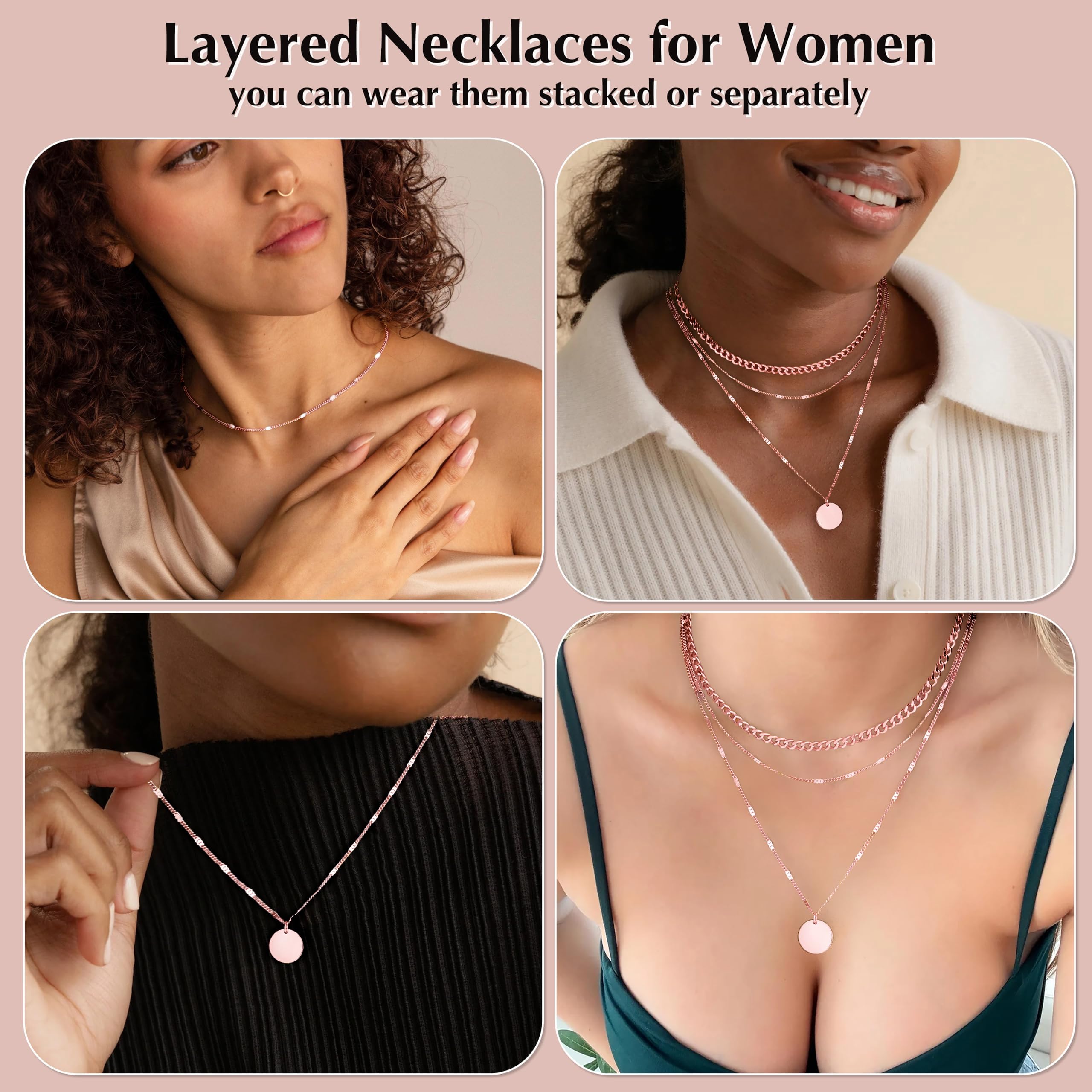 WomenGifts Layered Gold Necklaces for Women, 14K Gold Sterling Silver Plated Dainty Pendant Necklace Set Non Tarnish, Chunky Stackable Cuban Chain Choker, Trendy Birthstone Vacation Jewelry Gift