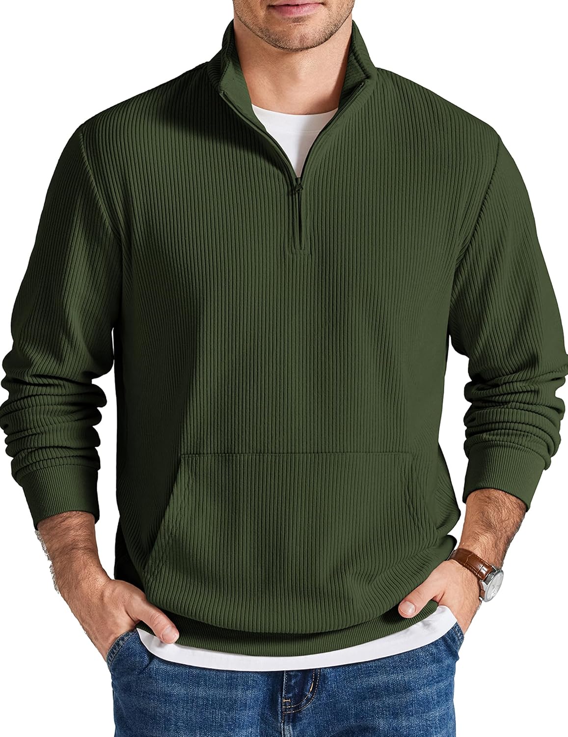 COOFANDY Men Quarter Zip Pullover Mock Neck Long Sleeve Corduroy Sweatshirt | Long sleeve lightweight soft warm slight stretchy, regular fit, fall winter vintage fashion clothing, S-3XL