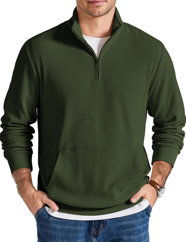COOFANDY Men Quarter Zip Pullover Mock Neck Long Sleeve Corduroy Sweatshirt | Long sleeve lightweight soft warm slight stretchy, regular fit, fall winter vintage fashion clothing, S-3XL