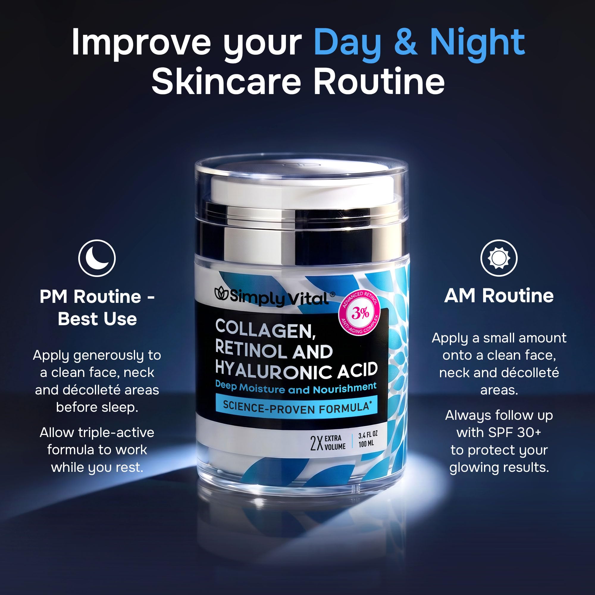 SimplyVital Face Moisturizer Retinol Collagen Hyaluronic Acid Cream 1.7 oz | Anti-Aging, Moisturizer Face Cream for Women & Men, Visibly Firming, Hydrating Neck Care, Day & Night Skin Care, Silky Feel