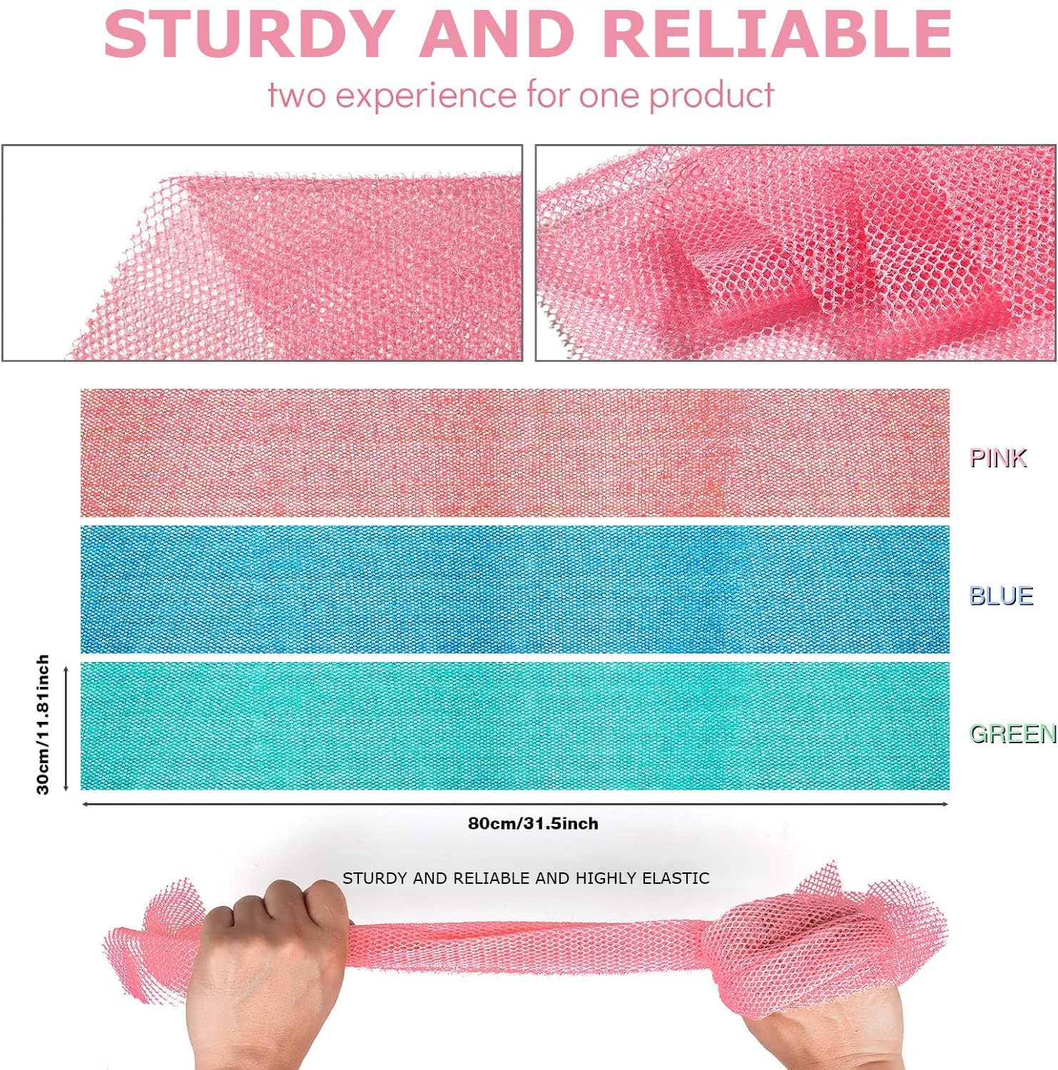 UJFQBH 3 Pieces African Bath Sponge African Net Long Net Bath Sponge Exfoliating Shower Body Scrubber Back Scrubber Skin Smoother,Great for Daily Use (Pink,Yellow,Purple)