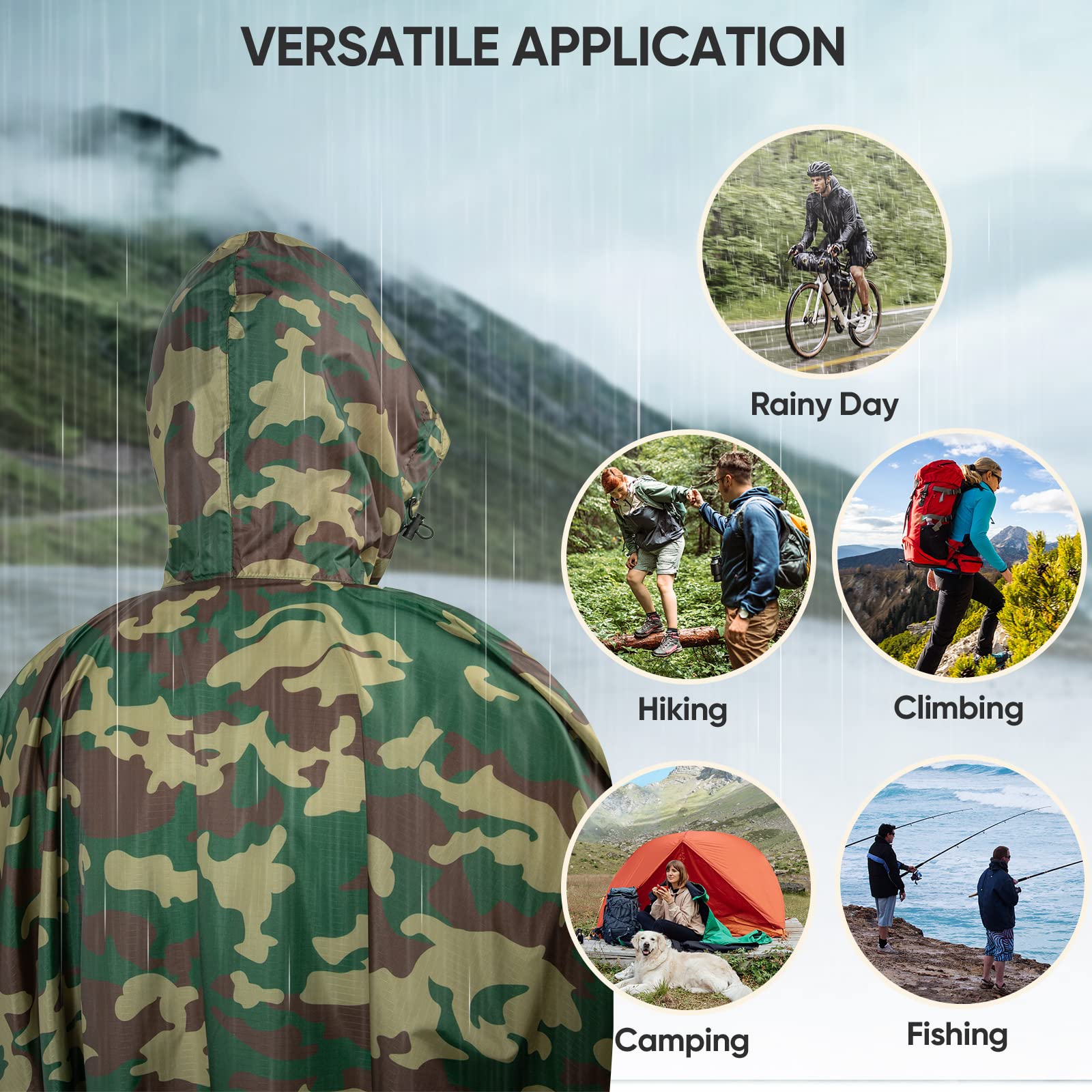 PTEROMY 3-in-1 Hooded Rain Poncho for Adult with Pocket, Waterproof Lightweight Unisex Raincoat for Hiking Camping Emergency
