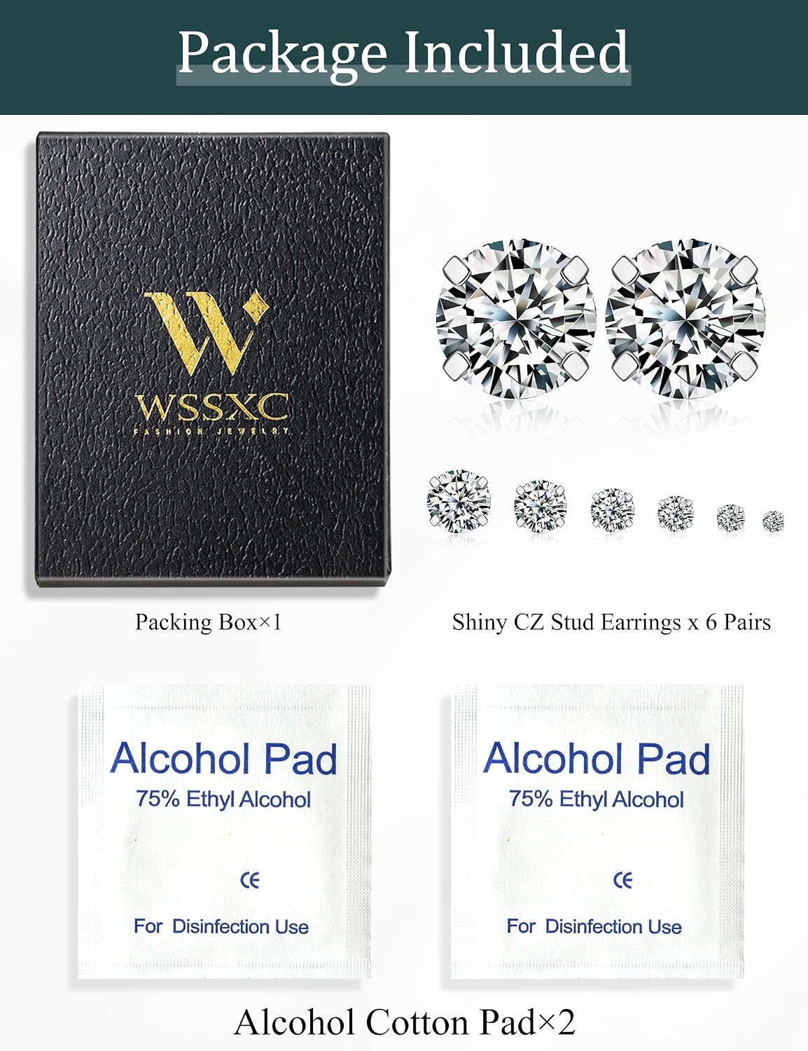 6 Pairs Stud Earrings Set, Hypoallergenic Cubic Zirconia 316L Earrings Stainless Steel CZ Earrings 3-8mm (Steel color)