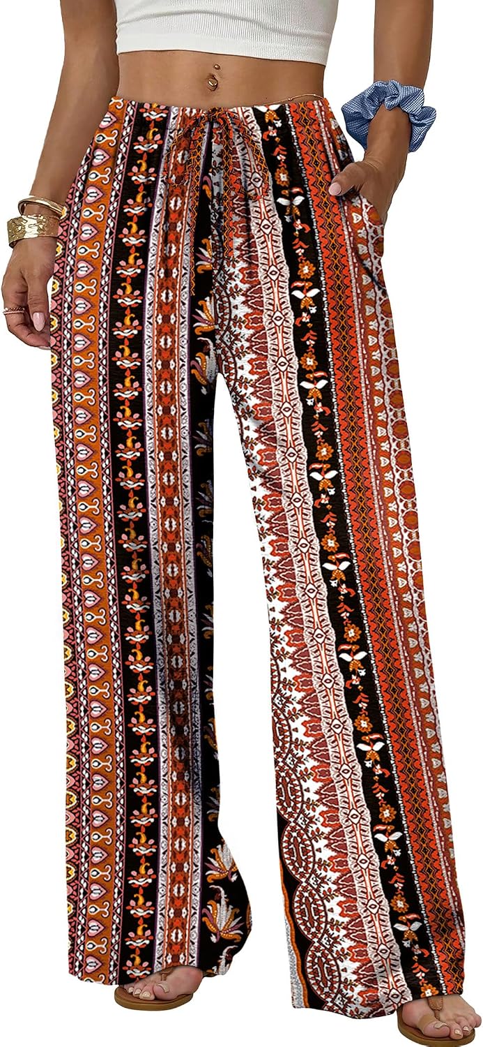Sampeel Wide Leg Pants for Women Flowy Palazzo Drawstring Elastic Waist Trousers with Pockets Summer Beach Vacation Clothes