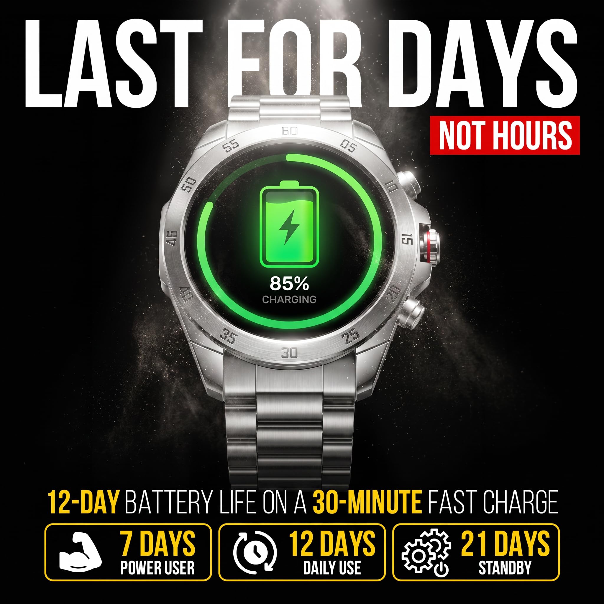 ALPHAGEAR Commander Smartwatch for Men, Tactical Military Smart Watch, 12-Day Battery, AMOLED Display, Bluetooth Calling, IP68 Water Resistant, Stainless Steel, for Android iPhone, Dark Gray