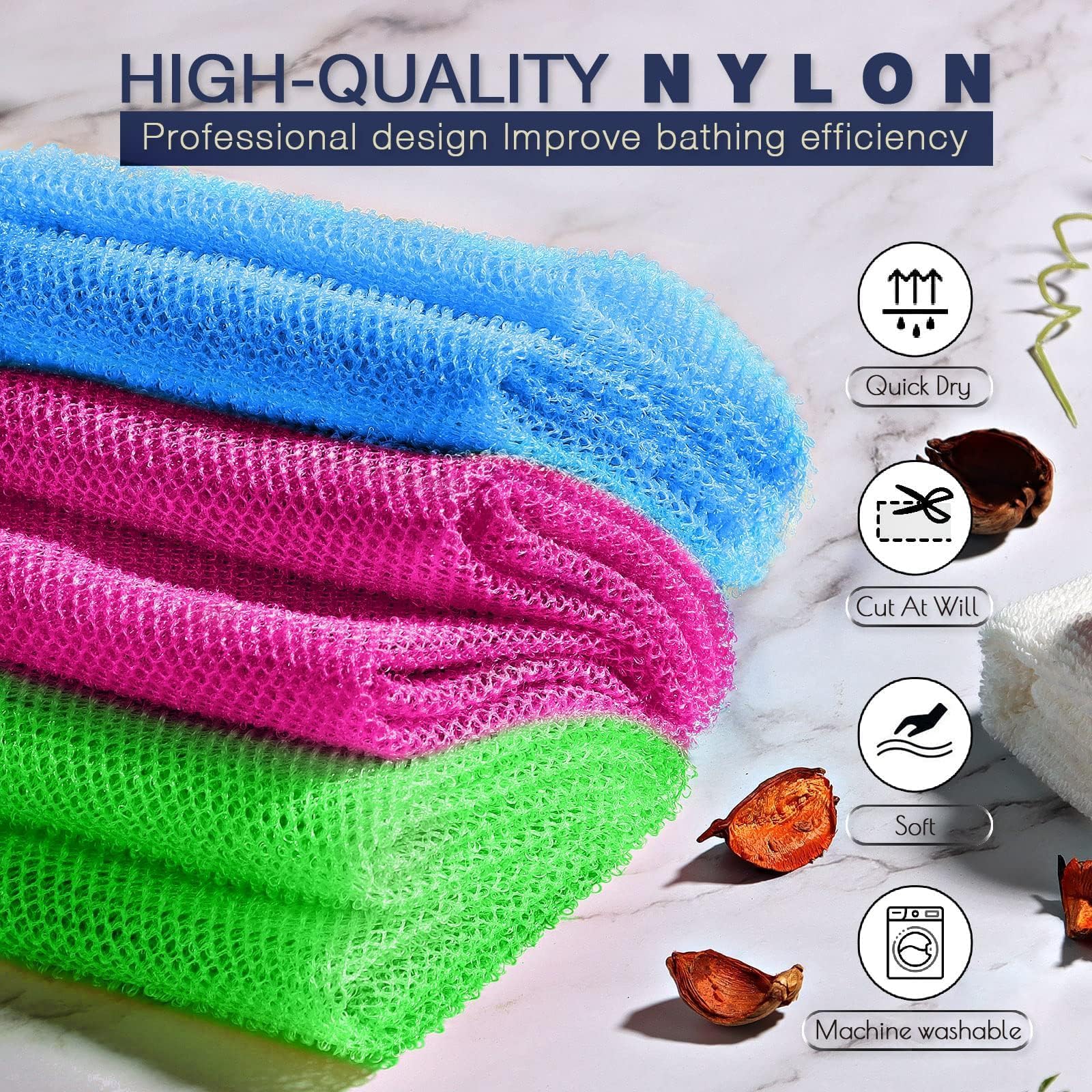 UJFQBH 3 Pieces African Bath Sponge African Net Long Net Bath Sponge Exfoliating Shower Body Scrubber Back Scrubber Skin Smoother,Great for Daily Use (Pink,Yellow,Purple)