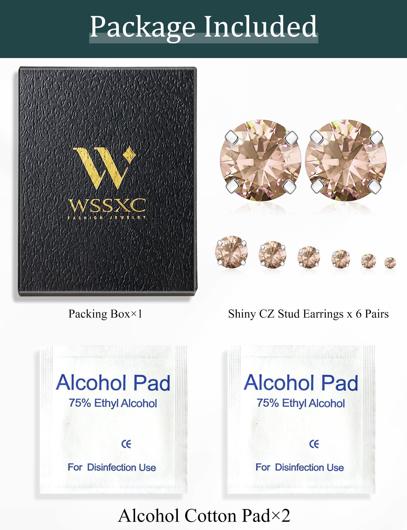 6 Pairs Stud Earrings Set, Hypoallergenic Cubic Zirconia 316L Earrings Stainless Steel CZ Earrings 3-8mm (Steel color)
