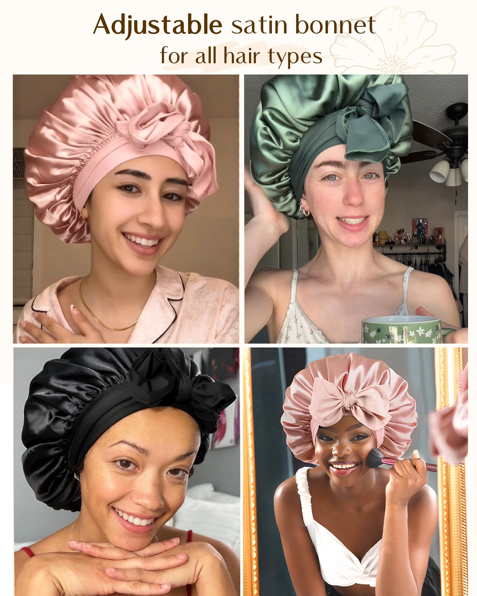 YANIBEST Adjustable Silk Bonnet for Sleeping Women Double Layer Satin Bonnet Reduce Friction Prevent Frizz Curly Hair