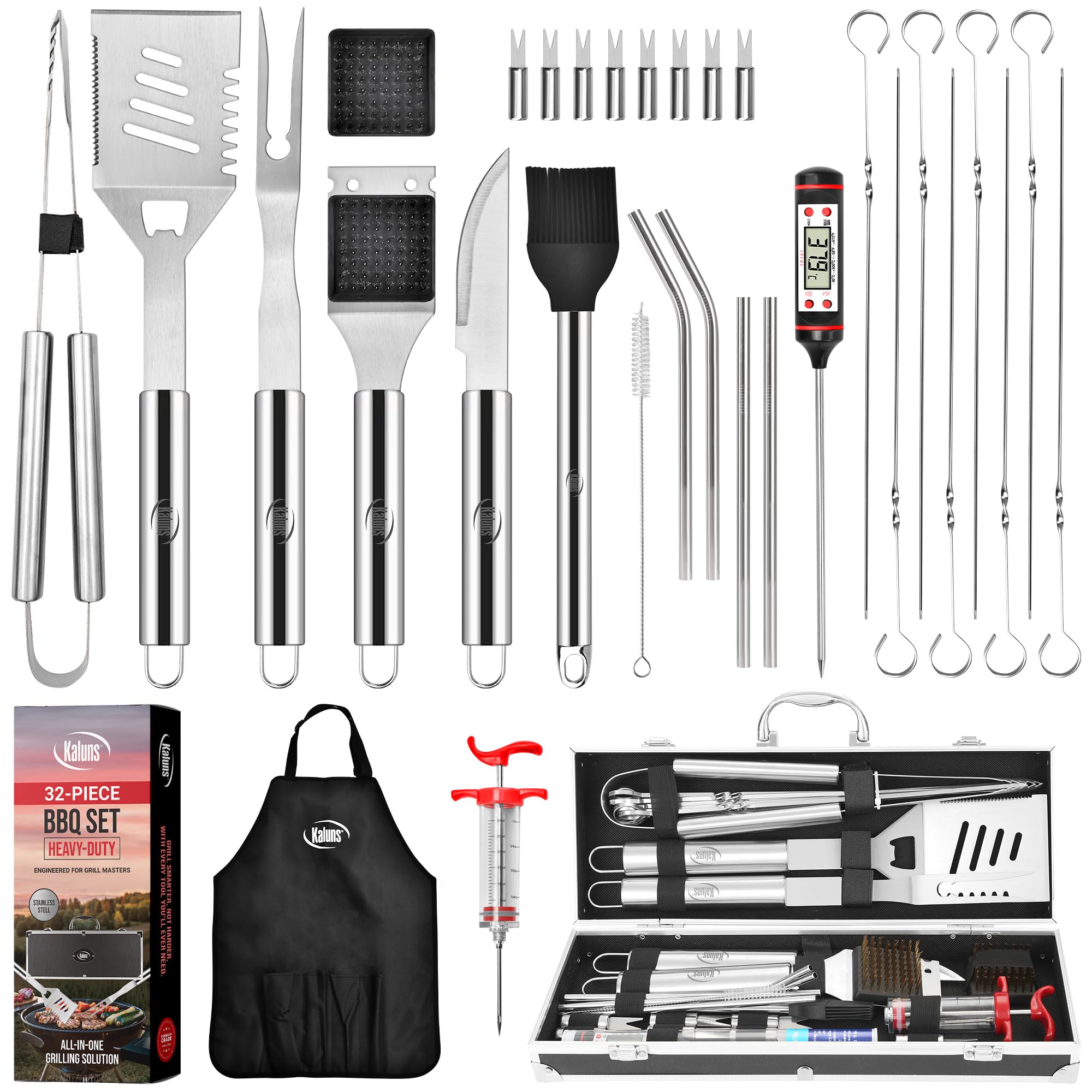 Kaluns Grilling Accessories, Gifts for Men Christmas Grilling Gifts for Dad, Heavy Duty Stainless Steel BBQ Grill Tools Set for Outdoor Grill with Aluminum Case and Apron, Birthday Gifts for Men Dad