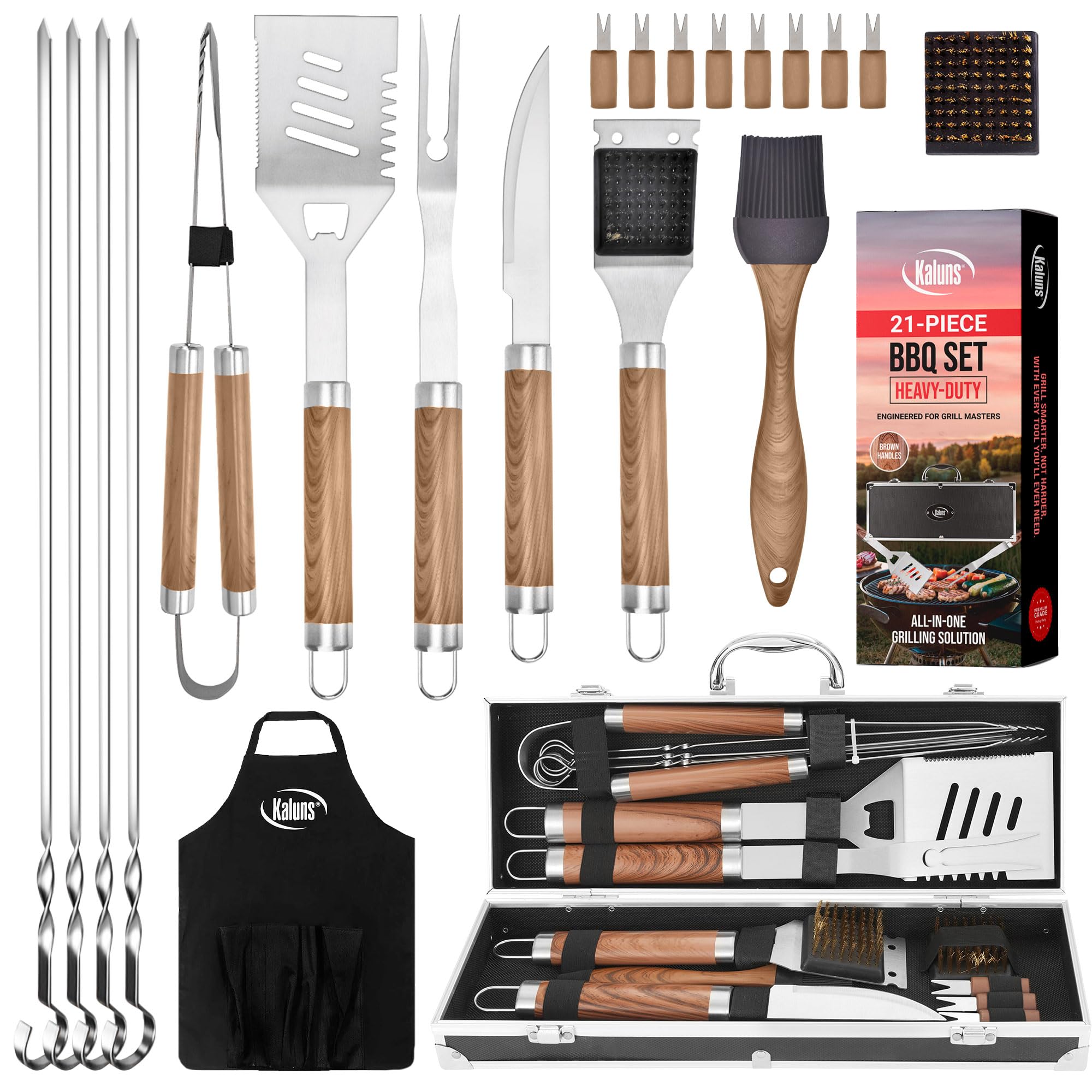 Kaluns Grilling Accessories, Gifts for Men Christmas Grilling Gifts for Dad, Heavy Duty Stainless Steel BBQ Grill Tools Set for Outdoor Grill with Aluminum Case and Apron, Birthday Gifts for Men Dad