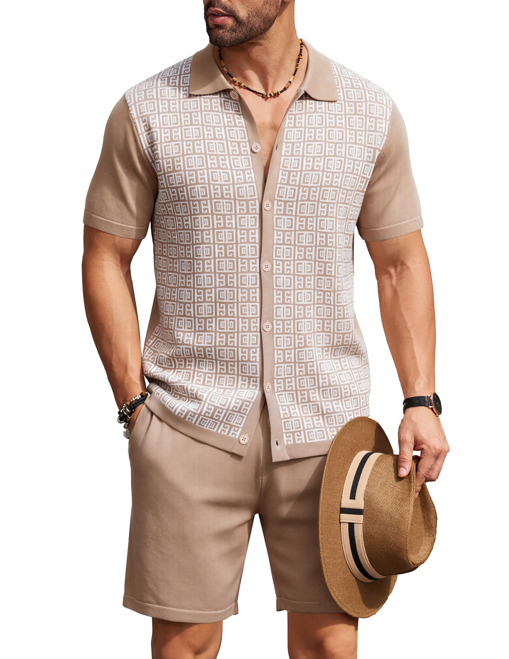 COOFANDY Men's 2 Piece Outfit Vintage Short Sleeve Button Down Knit Polo Shirts Casual Beach Shorts Sets