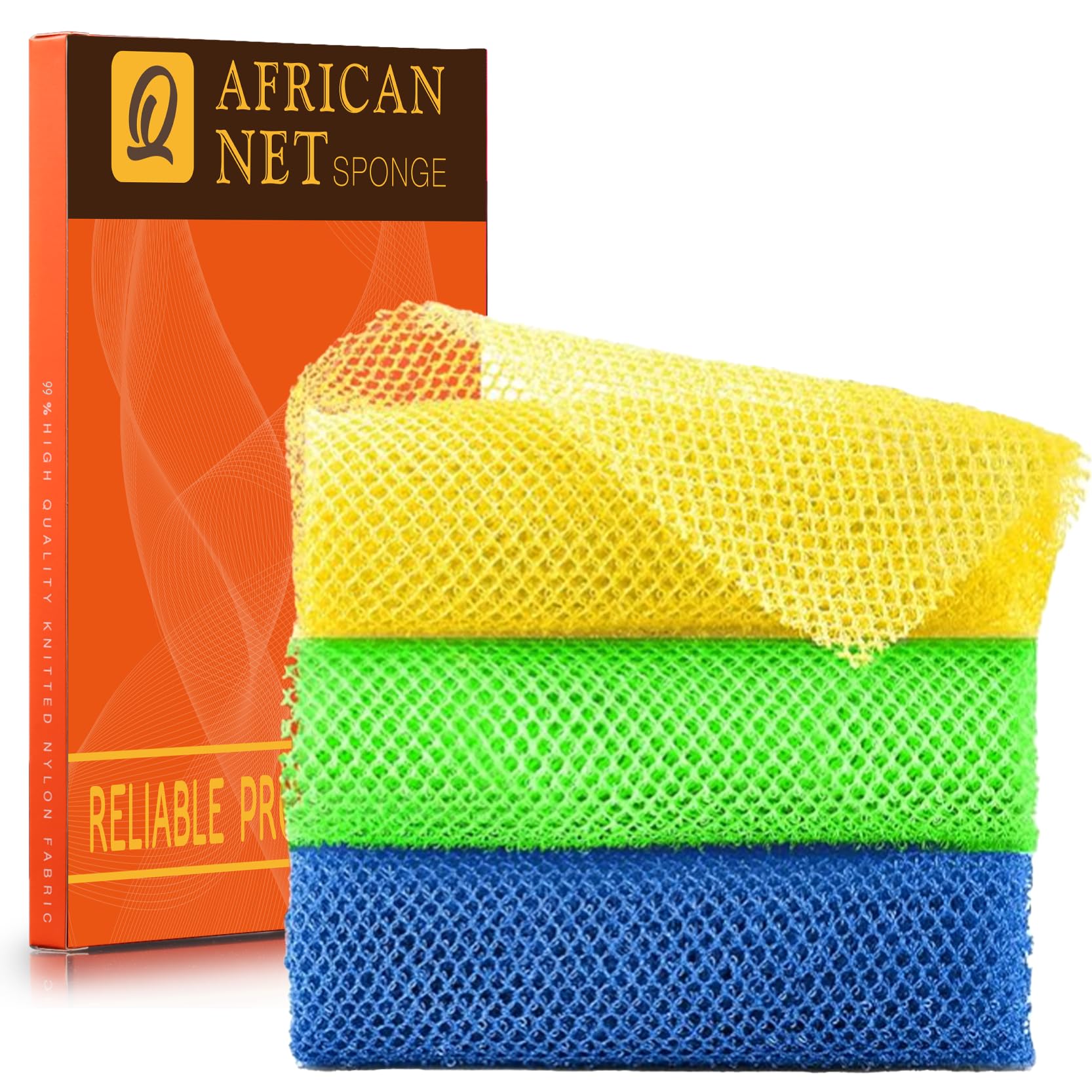 UJFQBH 3 Pieces African Bath Sponge African Net Long Net Bath Sponge Exfoliating Shower Body Scrubber Back Scrubber Skin Smoother,Great for Daily Use (Pink,Yellow,Purple)