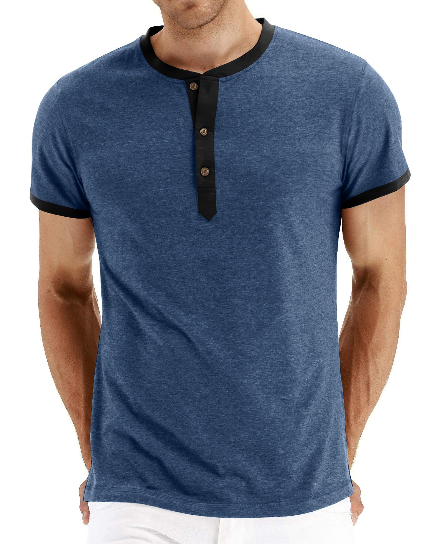 PEGENO Men's Fashion Casual Front Placket Short Sleeve Henley T-Shirts Cotton Shirts