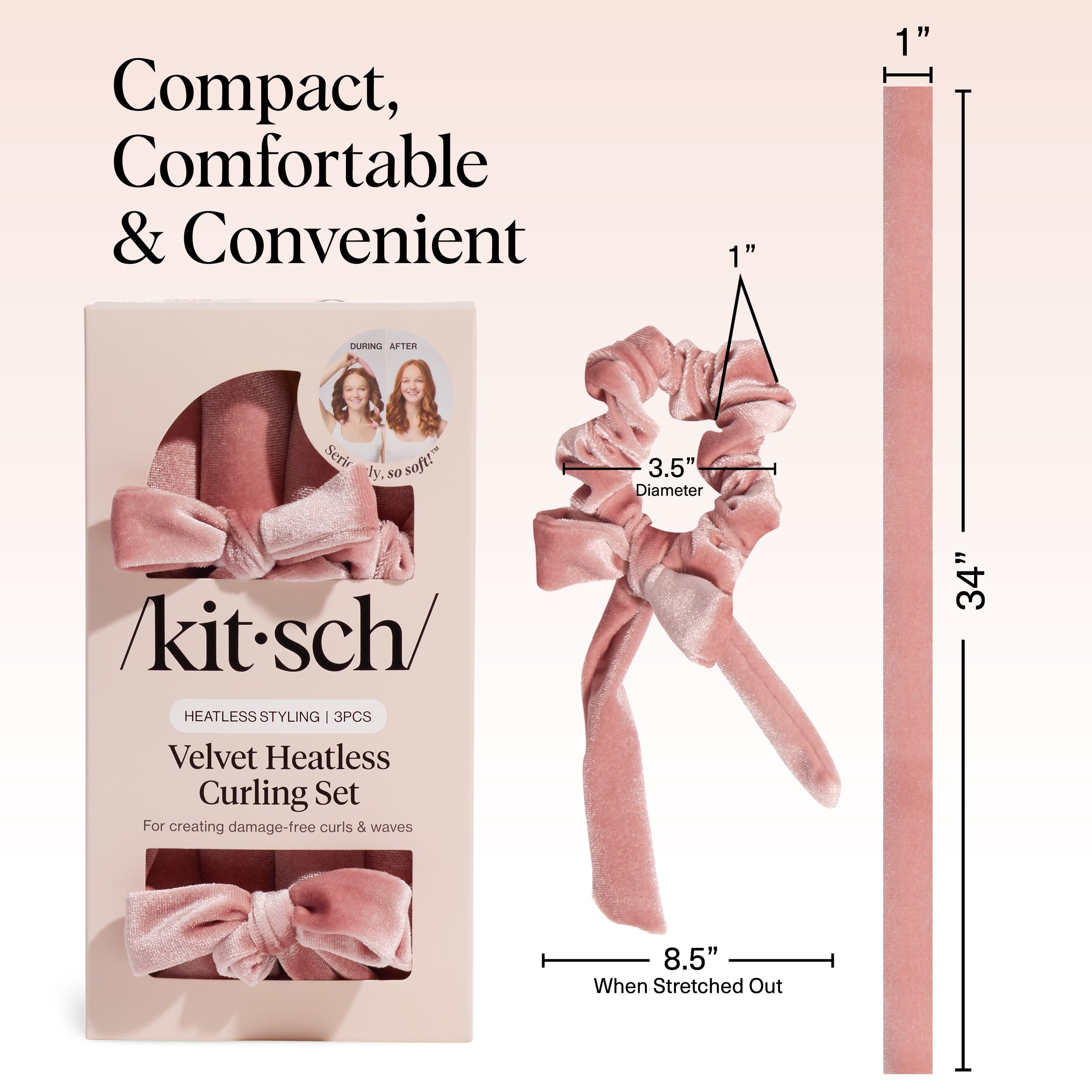 Kitsch Satin Heatless Curls Overnight Set - Sunset Tie Dye | No Heat Damage Overnight Curls | Comfortable Frizz Free Hair Curlers To Sleep In with 34" Hair Waver & 2 Satin Scrunchies