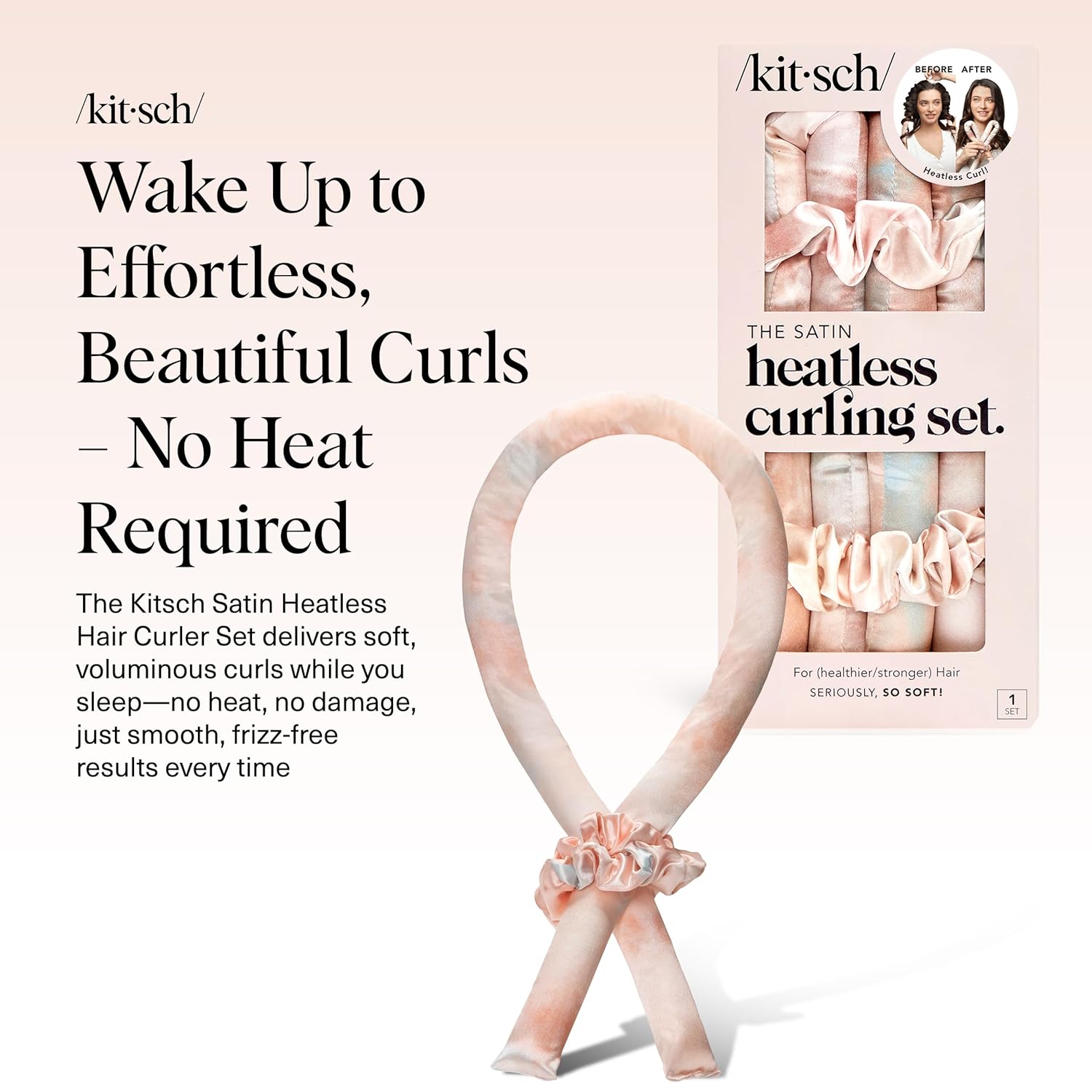 Kitsch Satin Heatless Curls Overnight Set - Sunset Tie Dye | No Heat Damage Overnight Curls | Comfortable Frizz Free Hair Curlers To Sleep In with 34" Hair Waver & 2 Satin Scrunchies