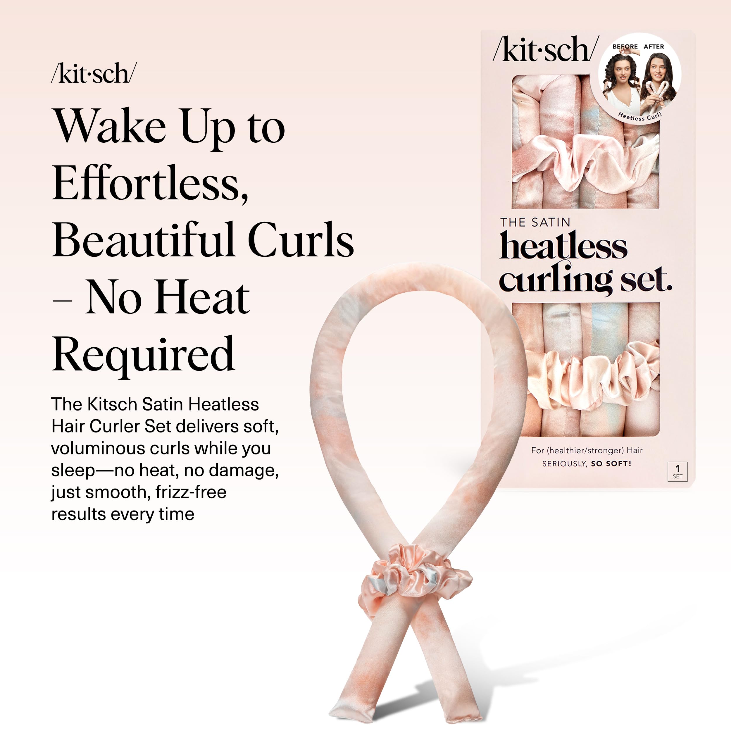 Kitsch Satin Heatless Curls Overnight Set - Sunset Tie Dye | No Heat Damage Overnight Curls | Comfortable Frizz Free Hair Curlers To Sleep In with 34" Hair Waver & 2 Satin Scrunchies