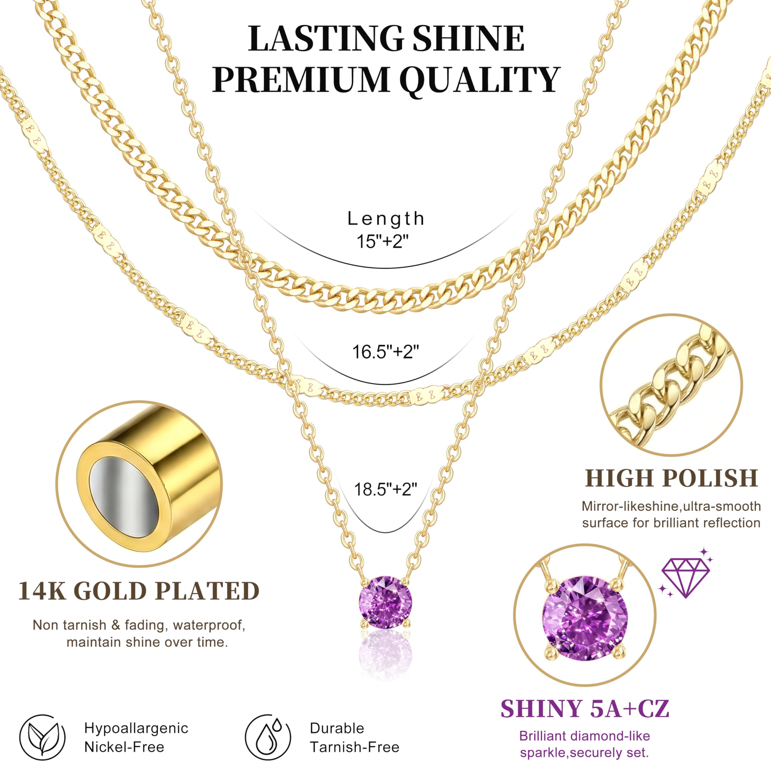 WomenGifts Layered Gold Necklaces for Women, 14K Gold Sterling Silver Plated Dainty Pendant Necklace Set Non Tarnish, Chunky Stackable Cuban Chain Choker, Trendy Birthstone Vacation Jewelry Gift