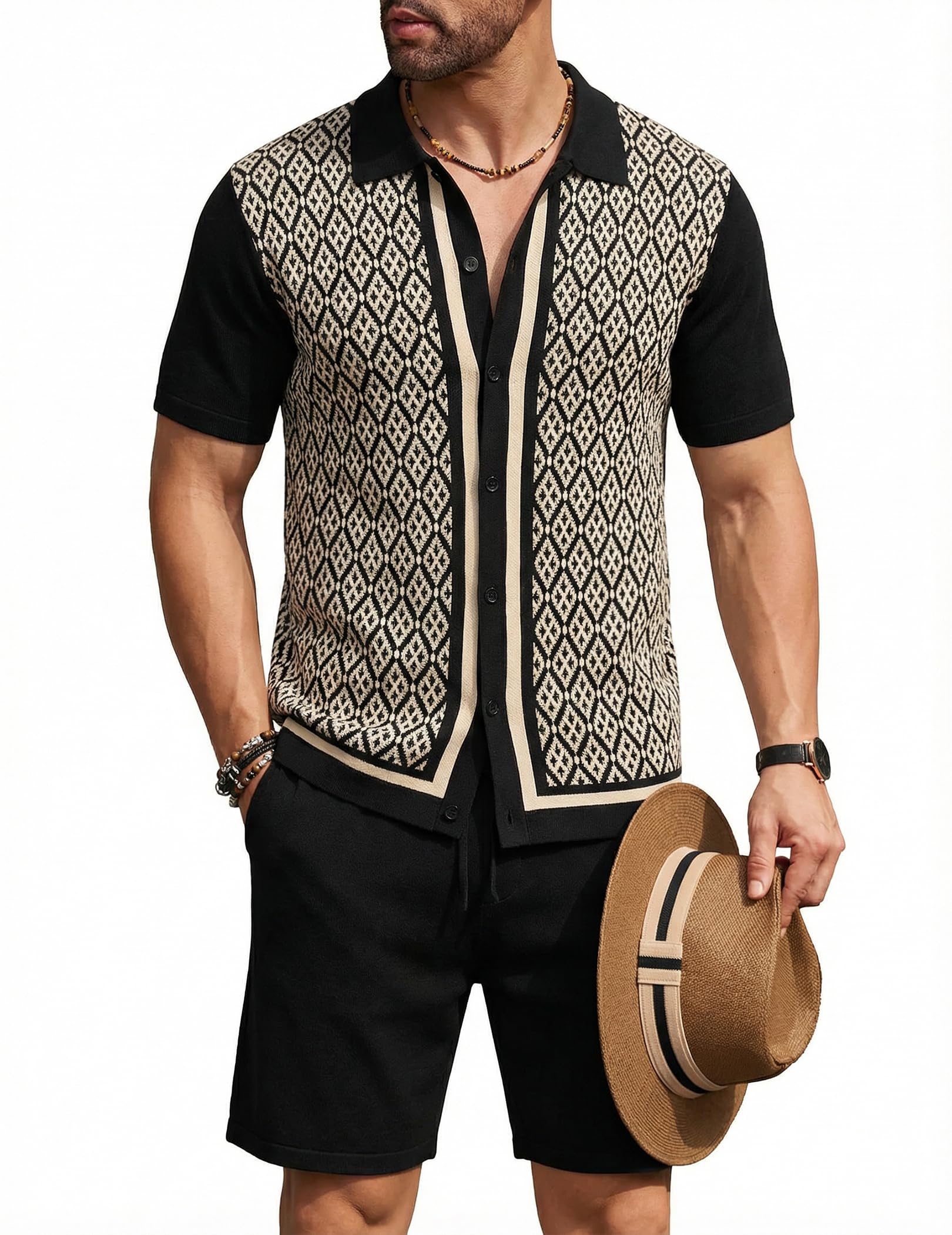 COOFANDY Men's 2 Piece Outfit Vintage Short Sleeve Button Down Knit Polo Shirts Casual Beach Shorts Sets