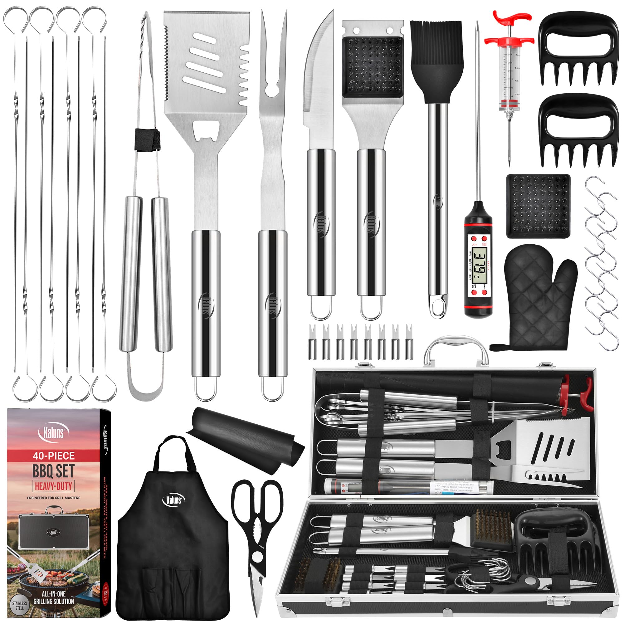 Kaluns Grilling Accessories, Gifts for Men Christmas Grilling Gifts for Dad, Heavy Duty Stainless Steel BBQ Grill Tools Set for Outdoor Grill with Aluminum Case and Apron, Birthday Gifts for Men Dad