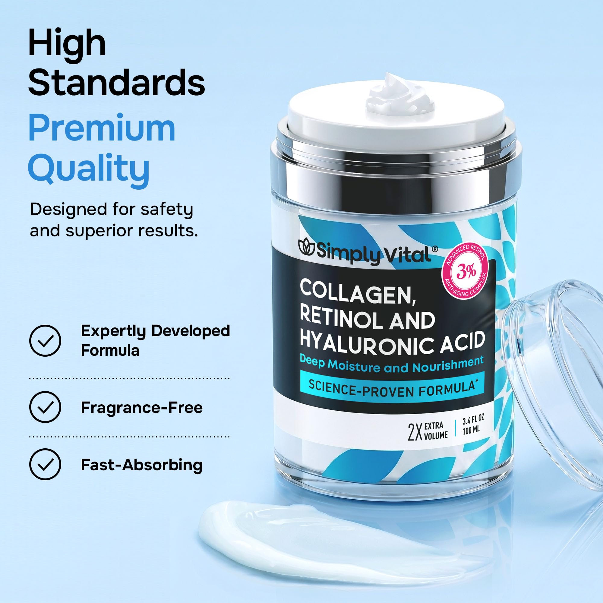 SimplyVital Face Moisturizer Retinol Collagen Hyaluronic Acid Cream 1.7 oz | Anti-Aging, Moisturizer Face Cream for Women & Men, Visibly Firming, Hydrating Neck Care, Day & Night Skin Care, Silky Feel