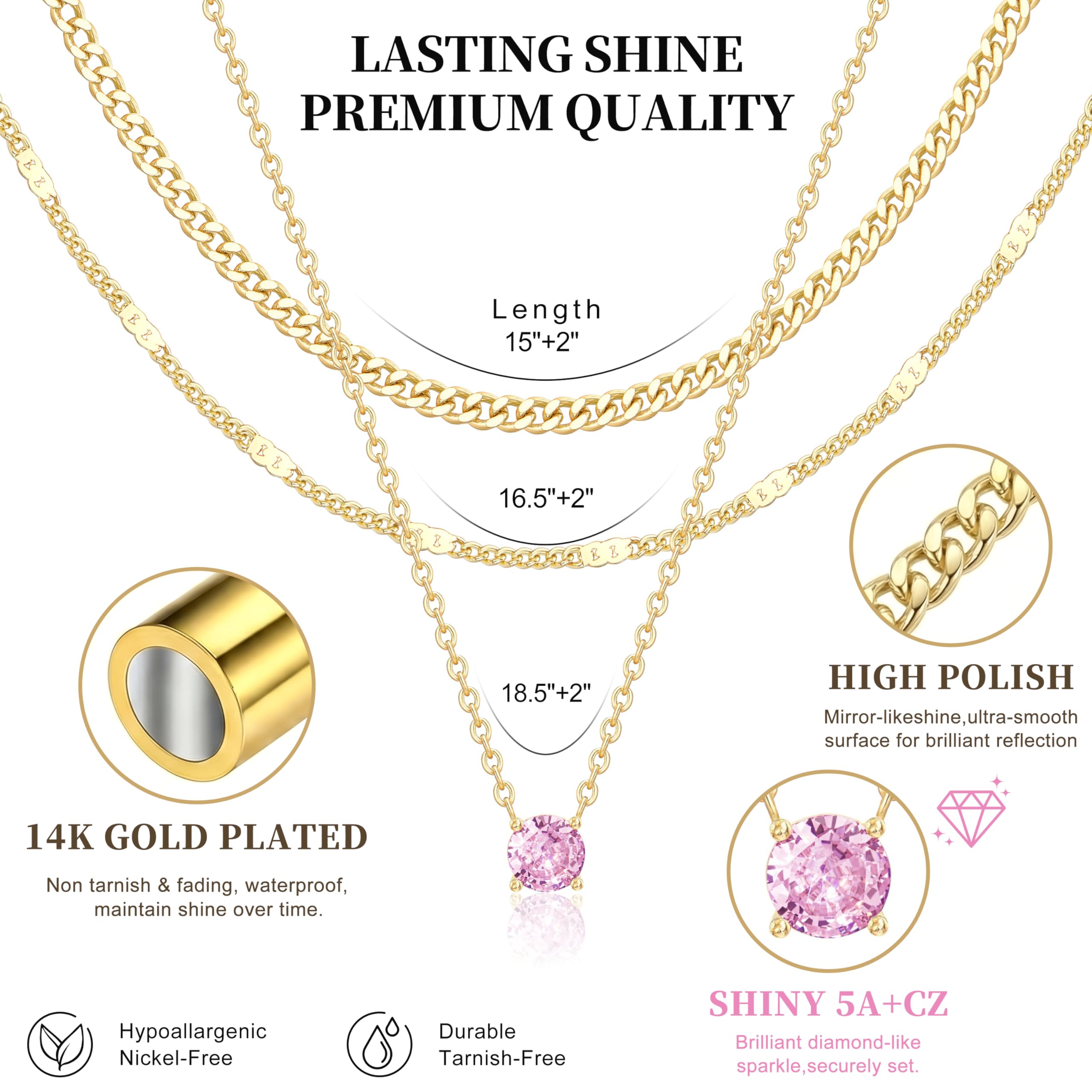WomenGifts Layered Gold Necklaces for Women, 14K Gold Sterling Silver Plated Dainty Pendant Necklace Set Non Tarnish, Chunky Stackable Cuban Chain Choker, Trendy Birthstone Vacation Jewelry Gift