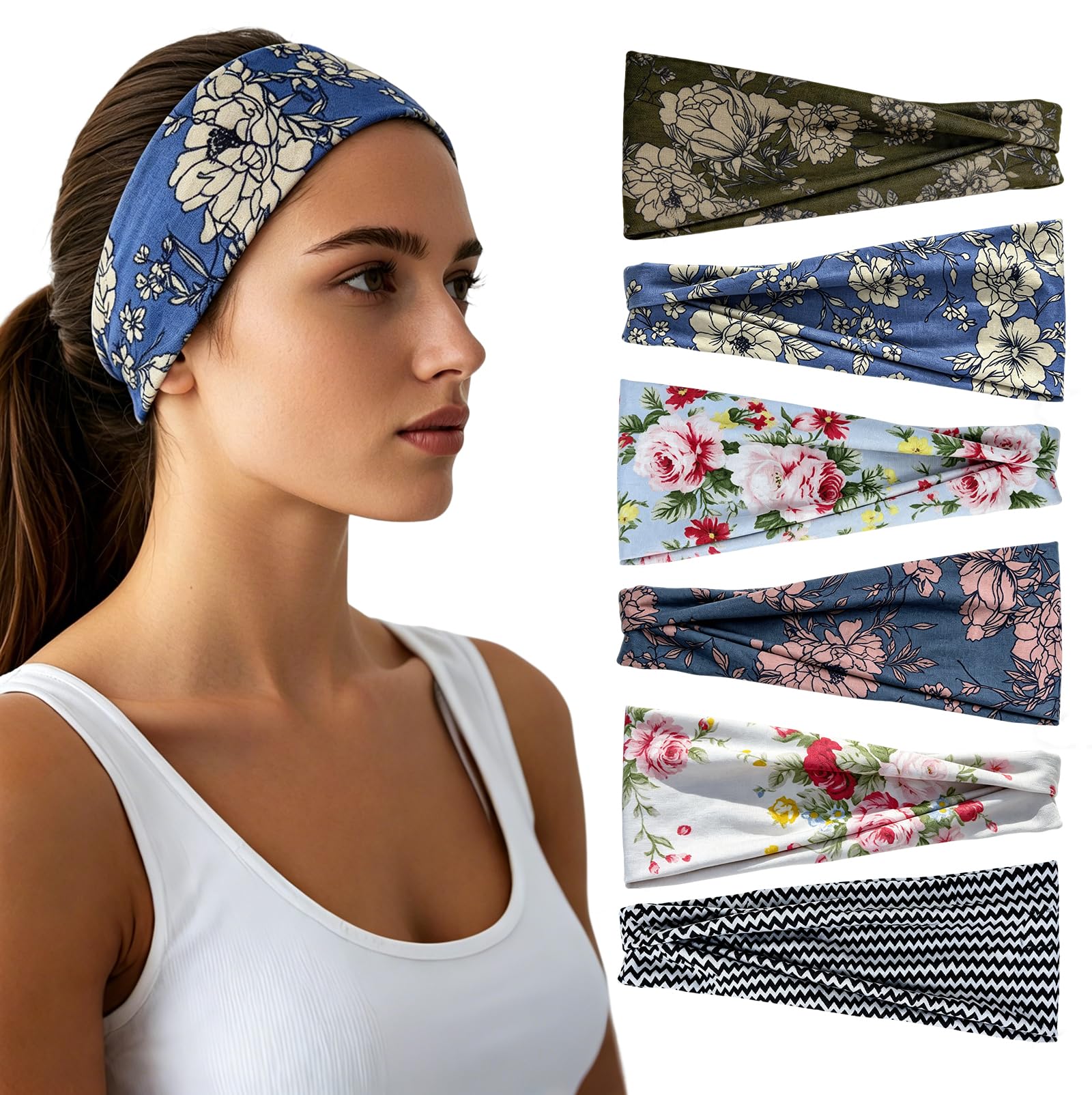 Headbands for Women - 6 Pack Wide Elastic Hair Bands | Stretchy Sweatbands Hair Bands | Soft Sports Thin Head Bands | Non-Slip Accessories Bands for Fashion, Washing Face, Workouts, Yoga, Daily Use
