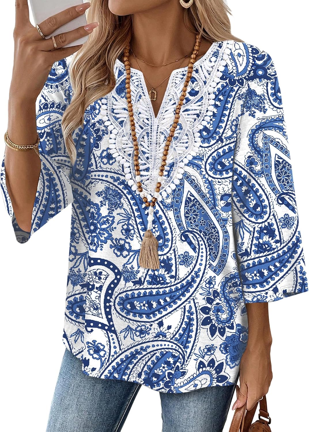 WIHOLL 3/4 Length Sleeve Womens Tops Boho V Neck Lace Shirt Trendy Blouses Dressy Casual Vacation Clothes S-3XL