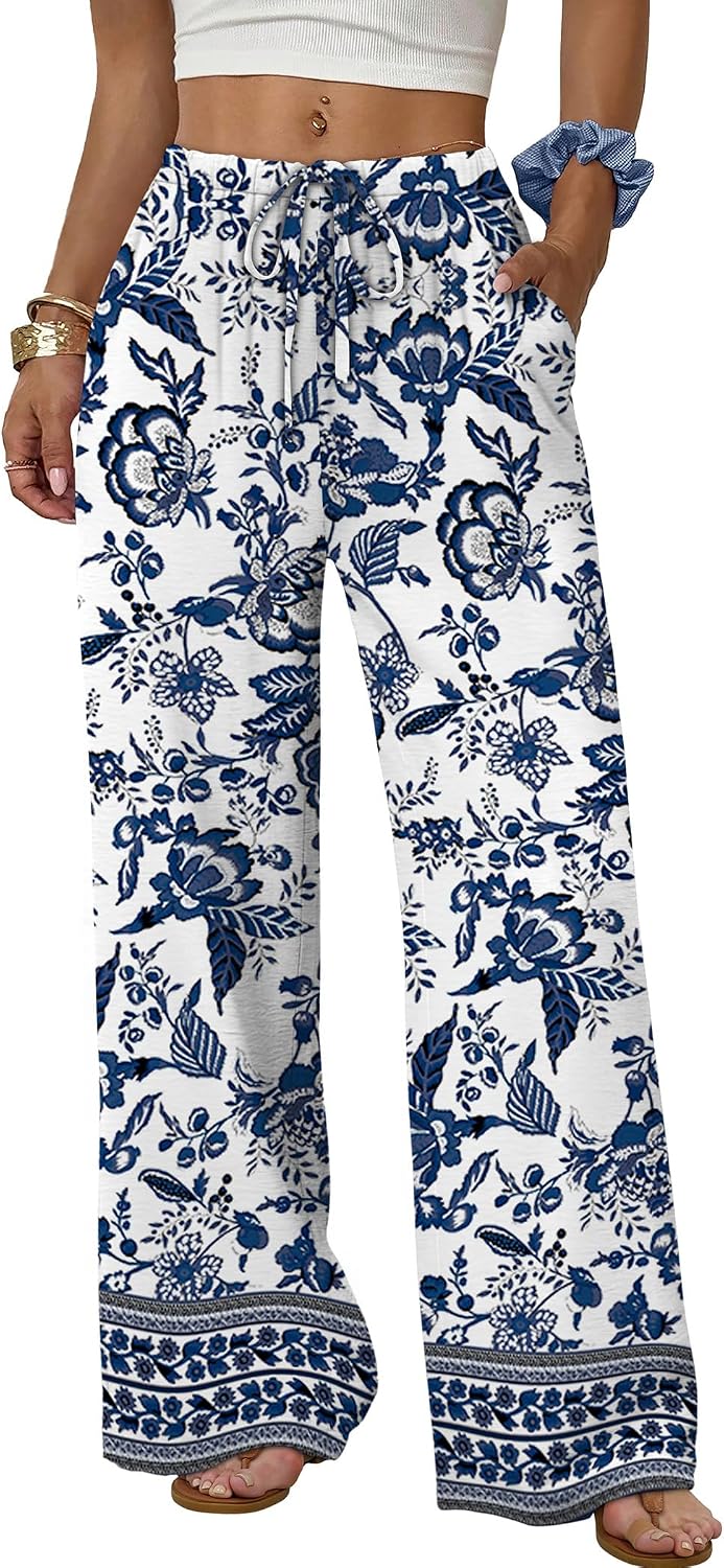 Sampeel Wide Leg Pants for Women Flowy Palazzo Drawstring Elastic Waist Trousers with Pockets Summer Beach Vacation Clothes