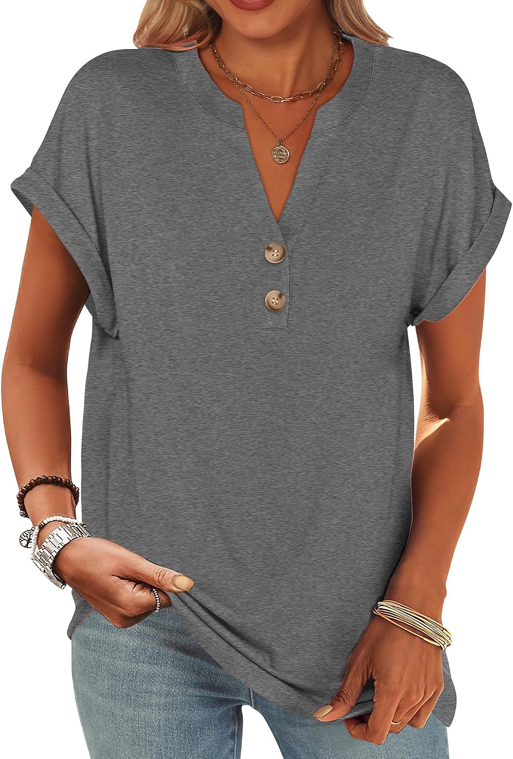 ANRABESS Womens Short Sleeve Henley Tops V Neck Dressy Casual Blouses Summer Trendy Tee Shirts 2026 Vacation Fashion Clothes