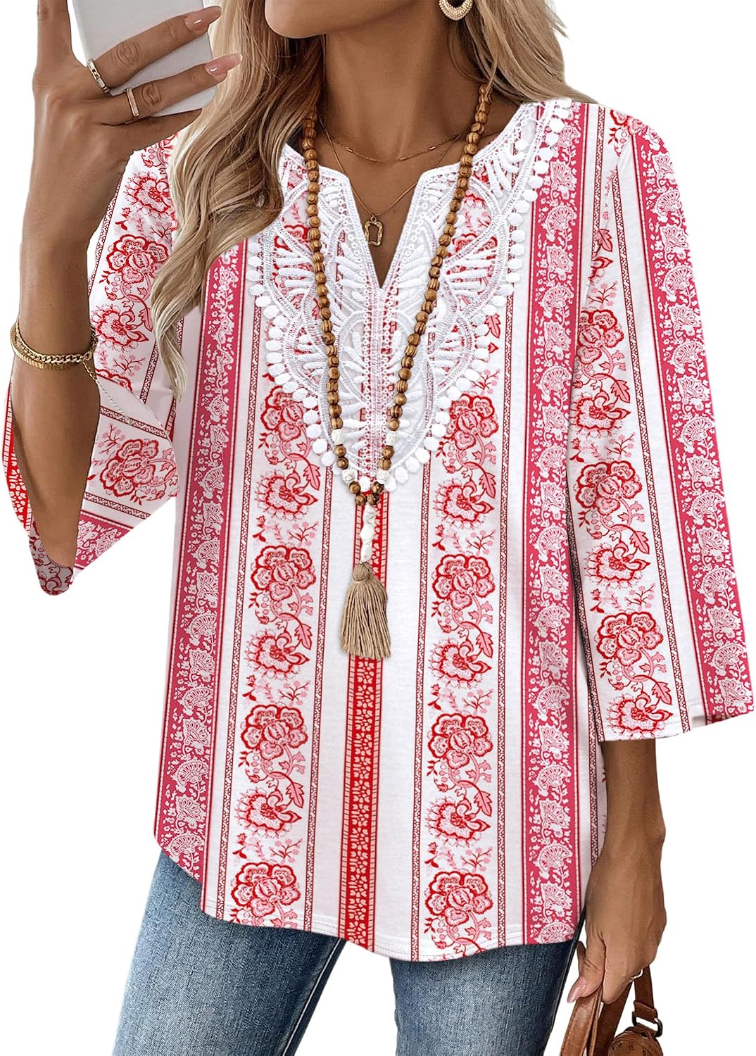 WIHOLL 3/4 Length Sleeve Womens Tops Boho V Neck Lace Shirt Trendy Blouses Dressy Casual Vacation Clothes S-3XL
