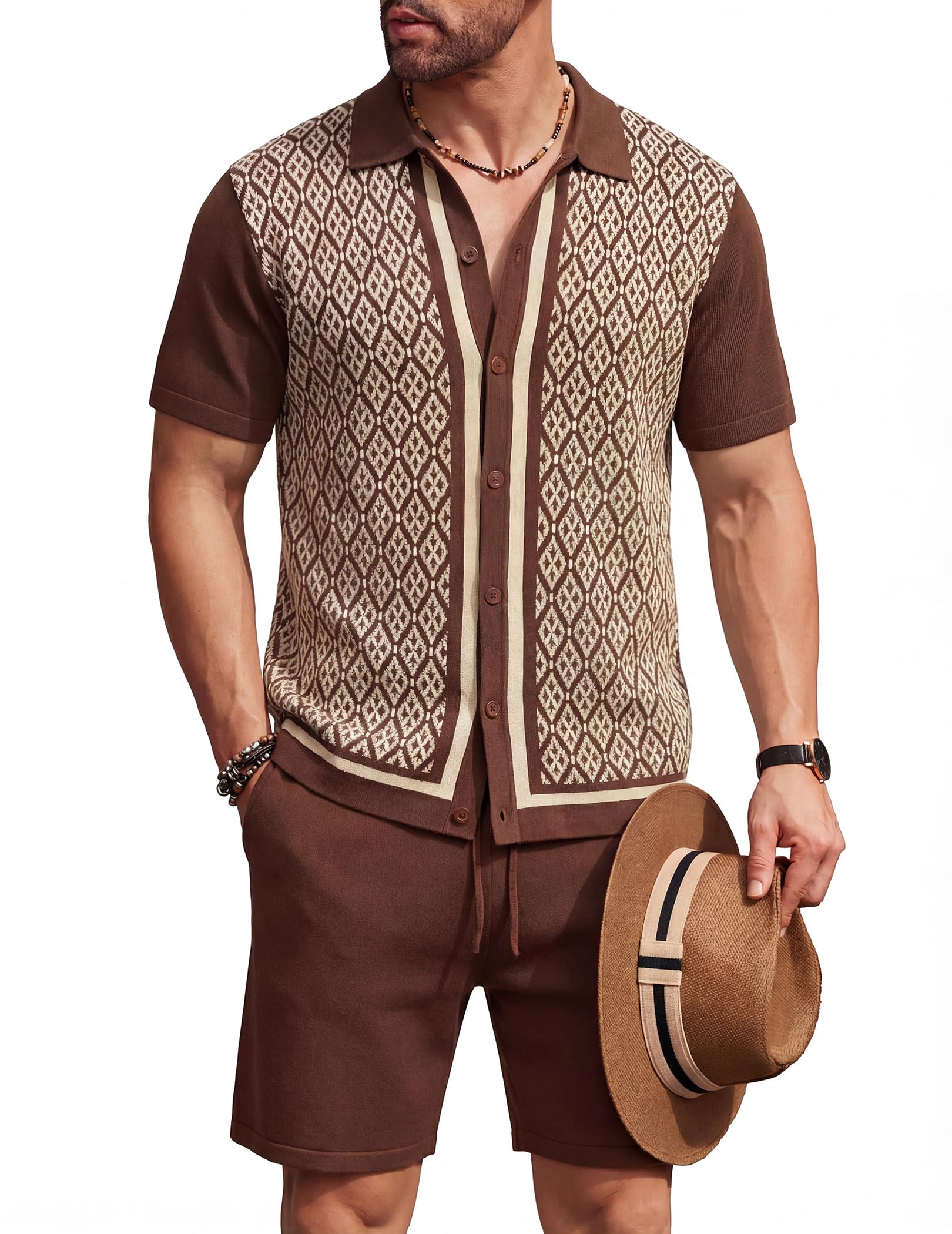 COOFANDY Men's 2 Piece Outfit Vintage Short Sleeve Button Down Knit Polo Shirts Casual Beach Shorts Sets