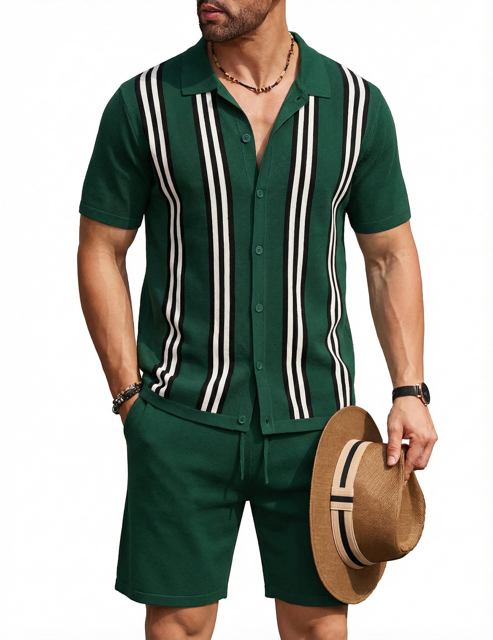 COOFANDY Men's 2 Piece Outfit Vintage Short Sleeve Button Down Knit Polo Shirts Casual Beach Shorts Sets